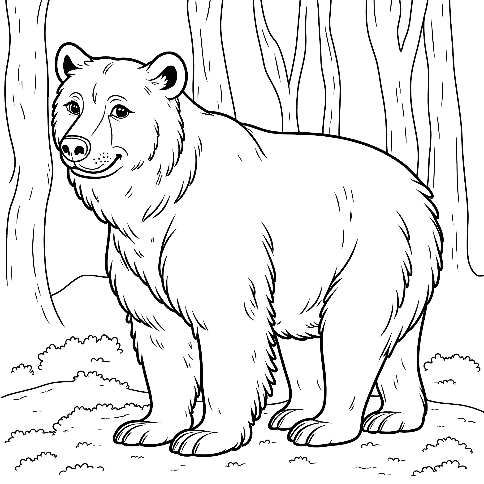 Bear in the Forest Coloring Page (free black-and-white line drawing printable PDF for all, from beginners to advanced learners, including children, teens, adults, and seniors)