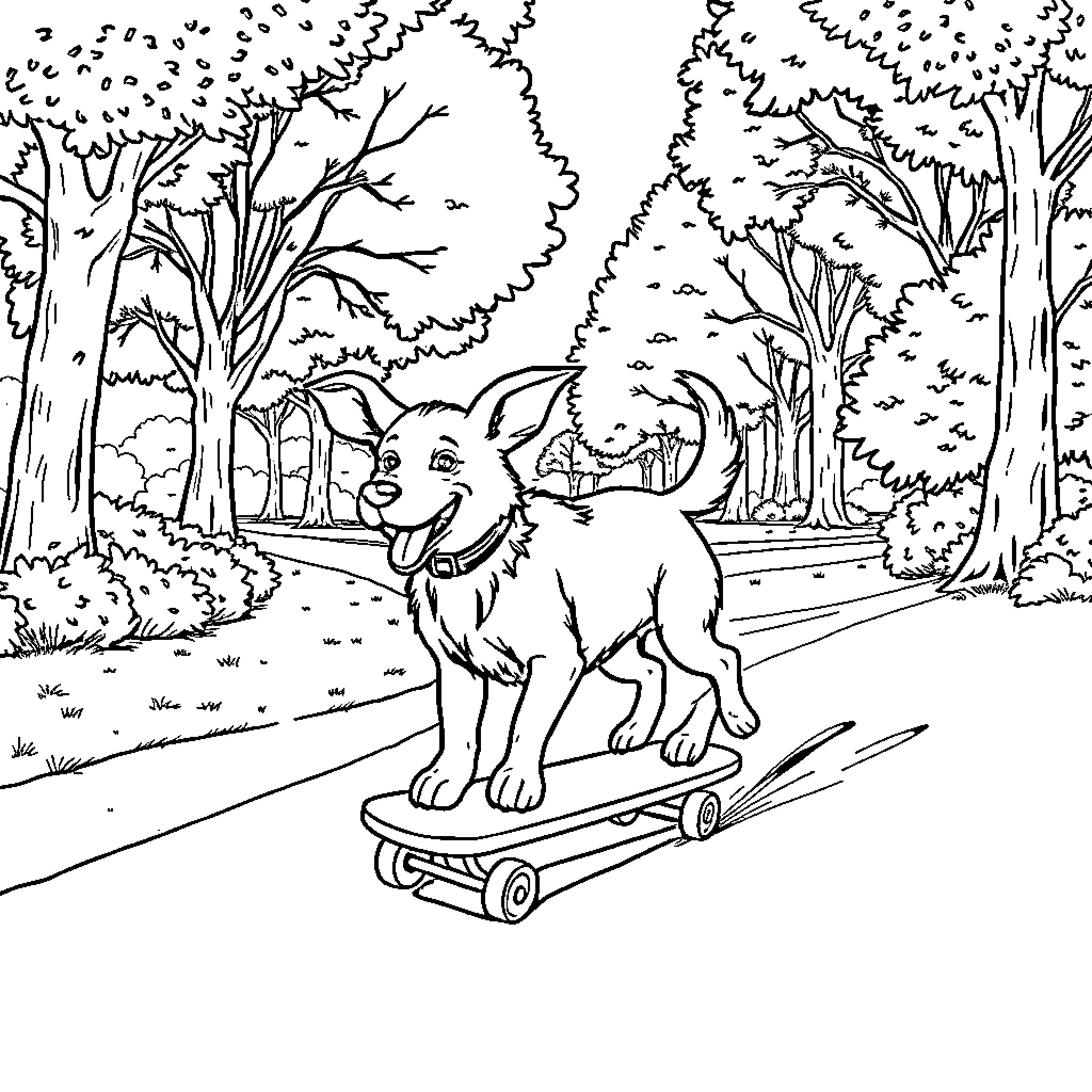 Dog riding skateboard in forest Coloring Page (free black-and-white line drawing printable PDF for all, from beginners to advanced learners, including children, teens, adults, and seniors)