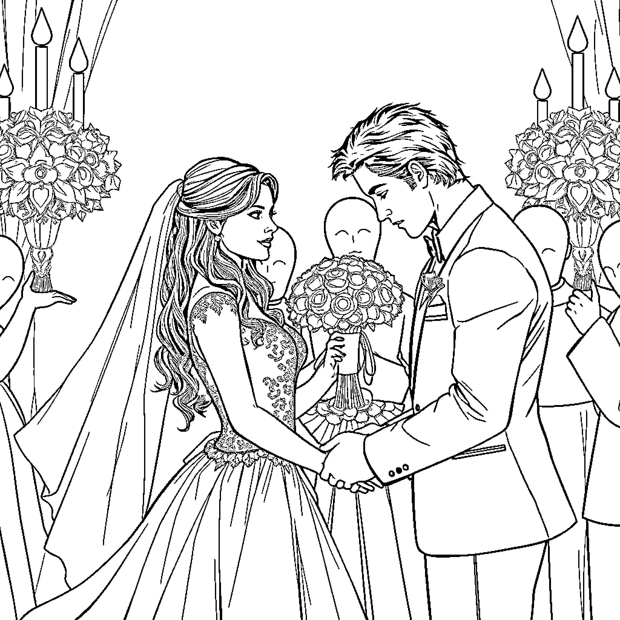 Katherine Pierce's Elegant Wedding Ceremony Coloring Page (free black-and-white line drawing printable PDF for all, from beginners to advanced learners, including children, teens, adults, and seniors)