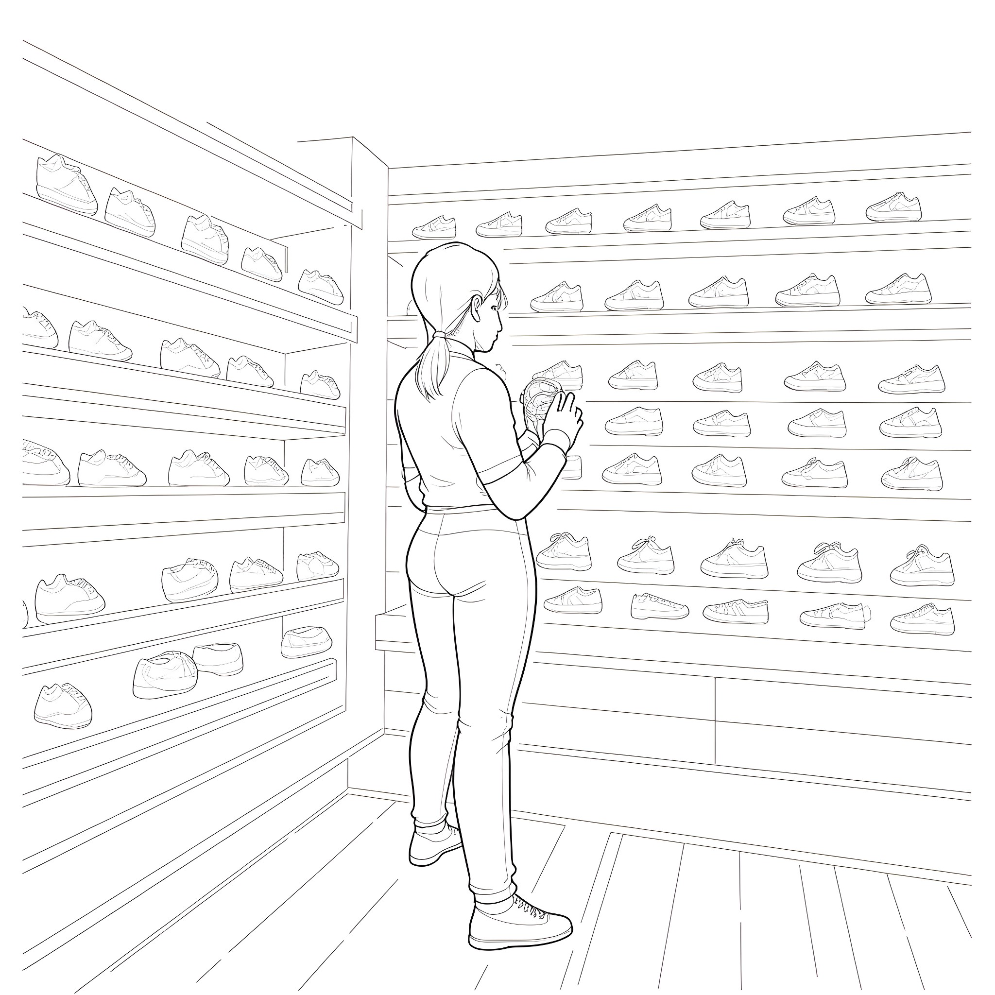 Retail Employee examining shoe display Coloring Page (free black-and-white line drawing printable PDF for all, from beginners to advanced learners, including children, teens, adults, and seniors)