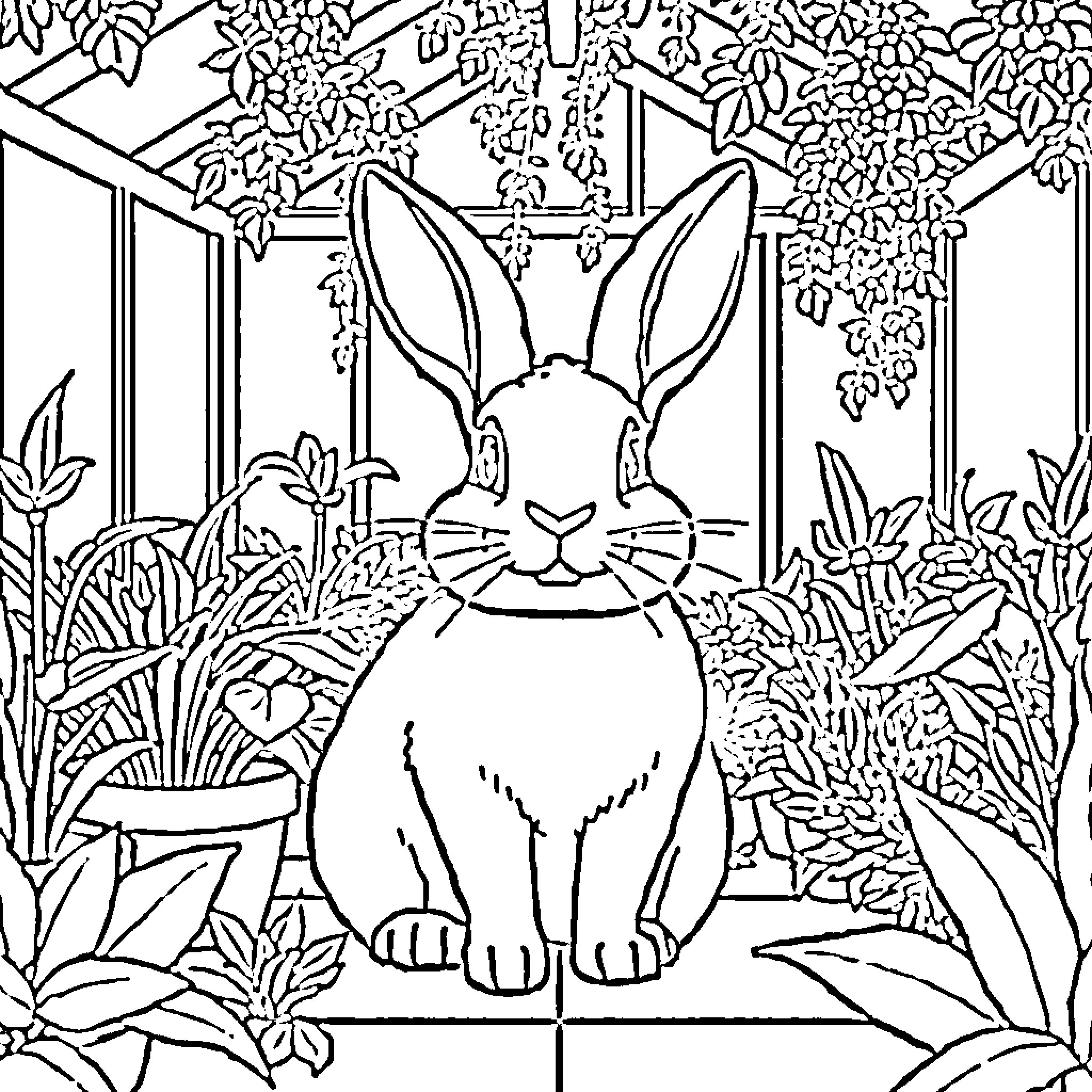 Rabbit sitting peacefully in lush garden Coloring Page (free black-and-white line drawing printable PDF for all, from beginners to advanced learners, including children, teens, adults, and seniors)