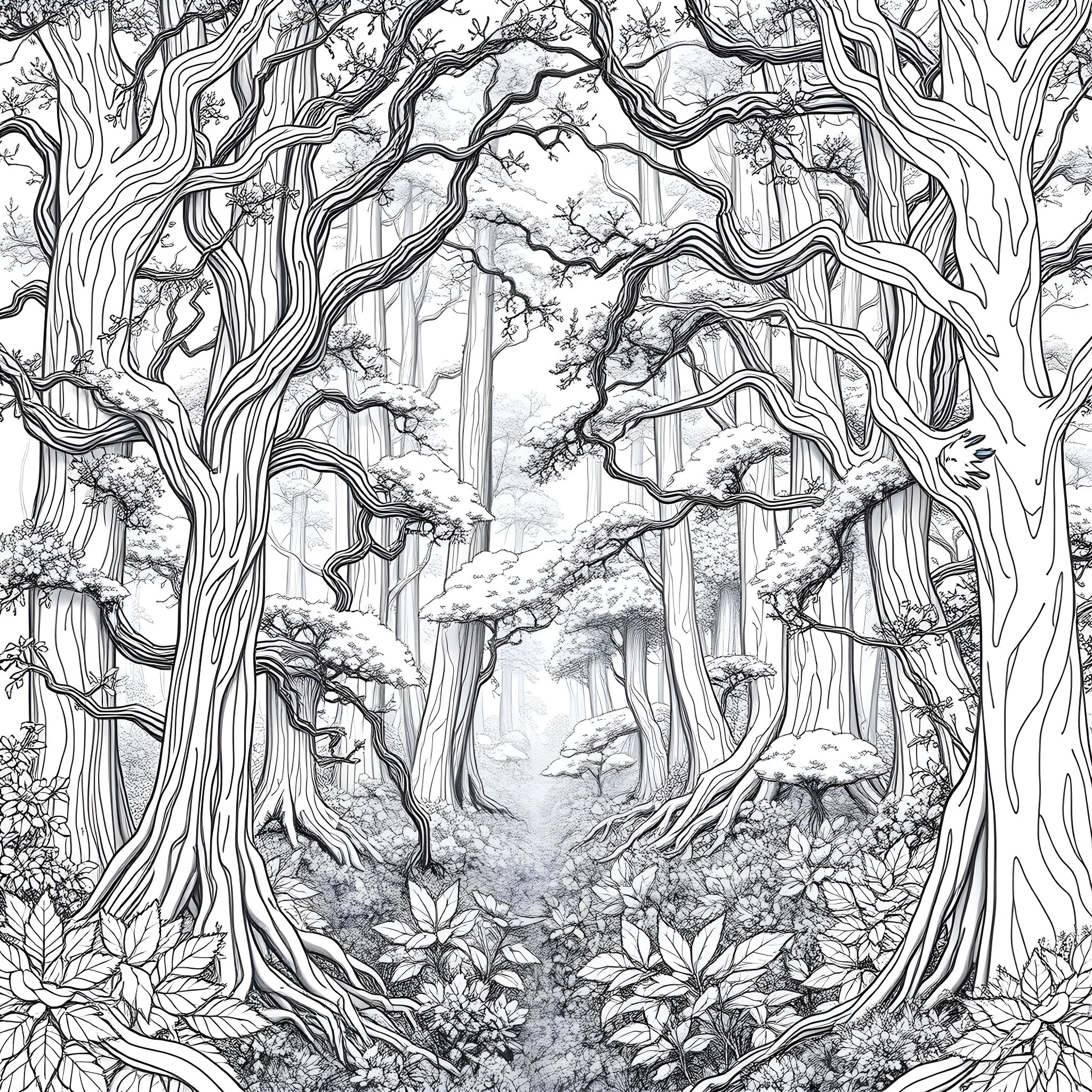 Forest scene with intricate tree branches and vegetation Coloring Page (free black-and-white line drawing printable PDF for all, from beginners to advanced learners, including children, teens, adults, and seniors)