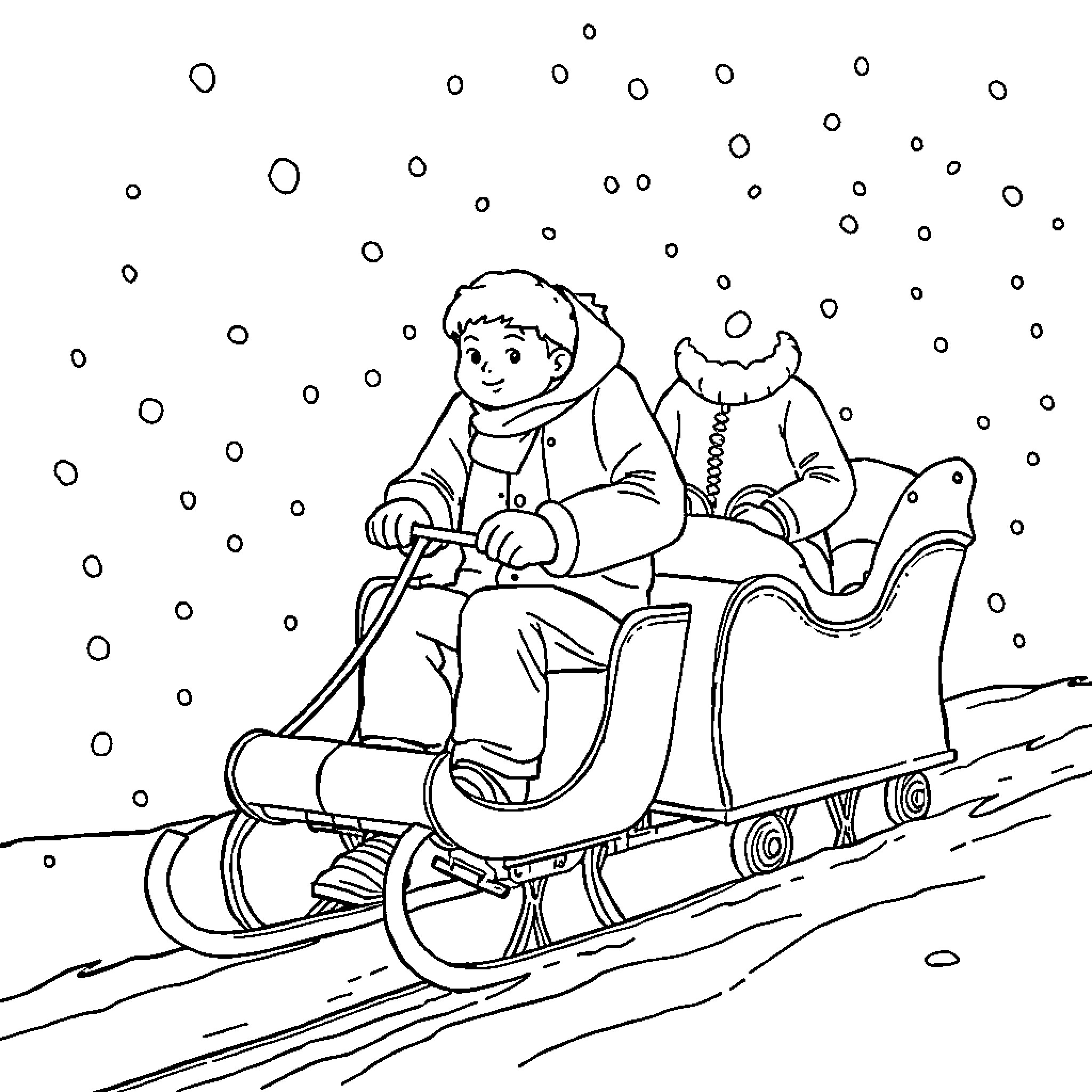 Marcus enjoying a winter sled ride in the snow Coloring Page (free black-and-white line drawing printable PDF for all, from beginners to advanced learners, including children, teens, adults, and seniors)