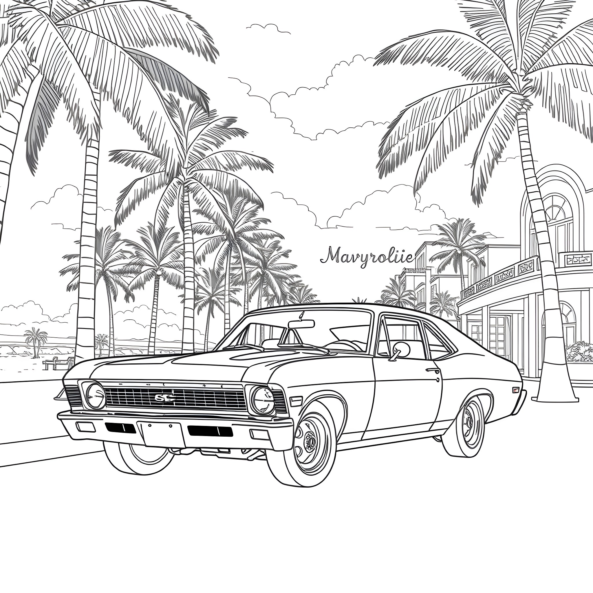Chevrolet Nova in tropical paradise Coloring Page (free black-and-white line drawing printable PDF for all, from beginners to advanced learners, including children, teens, adults, and seniors)