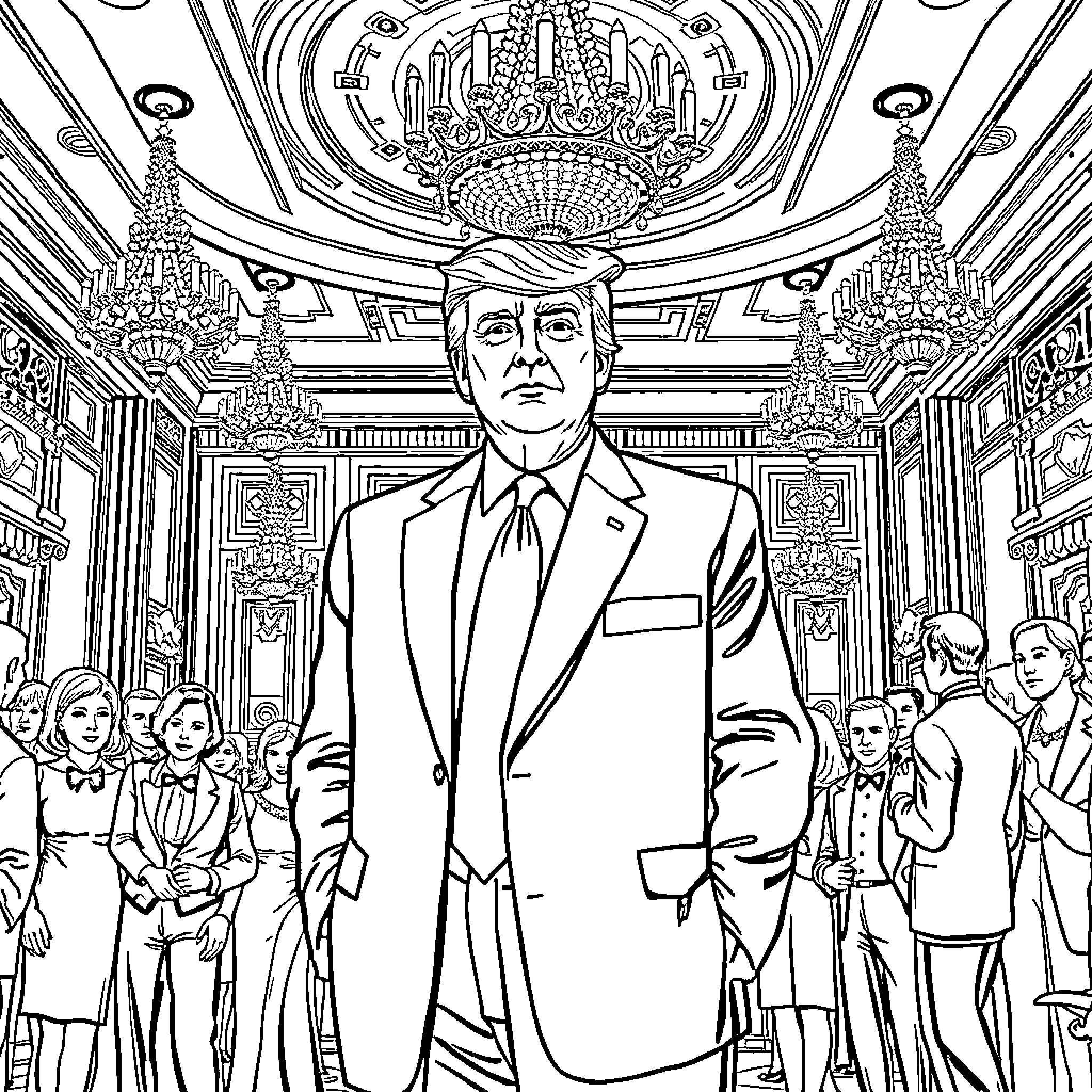 Donald Trump in an ornate, crowded interior scene Coloring Page (free black-and-white line drawing printable PDF for all, from beginners to advanced learners, including children, teens, adults, and seniors)