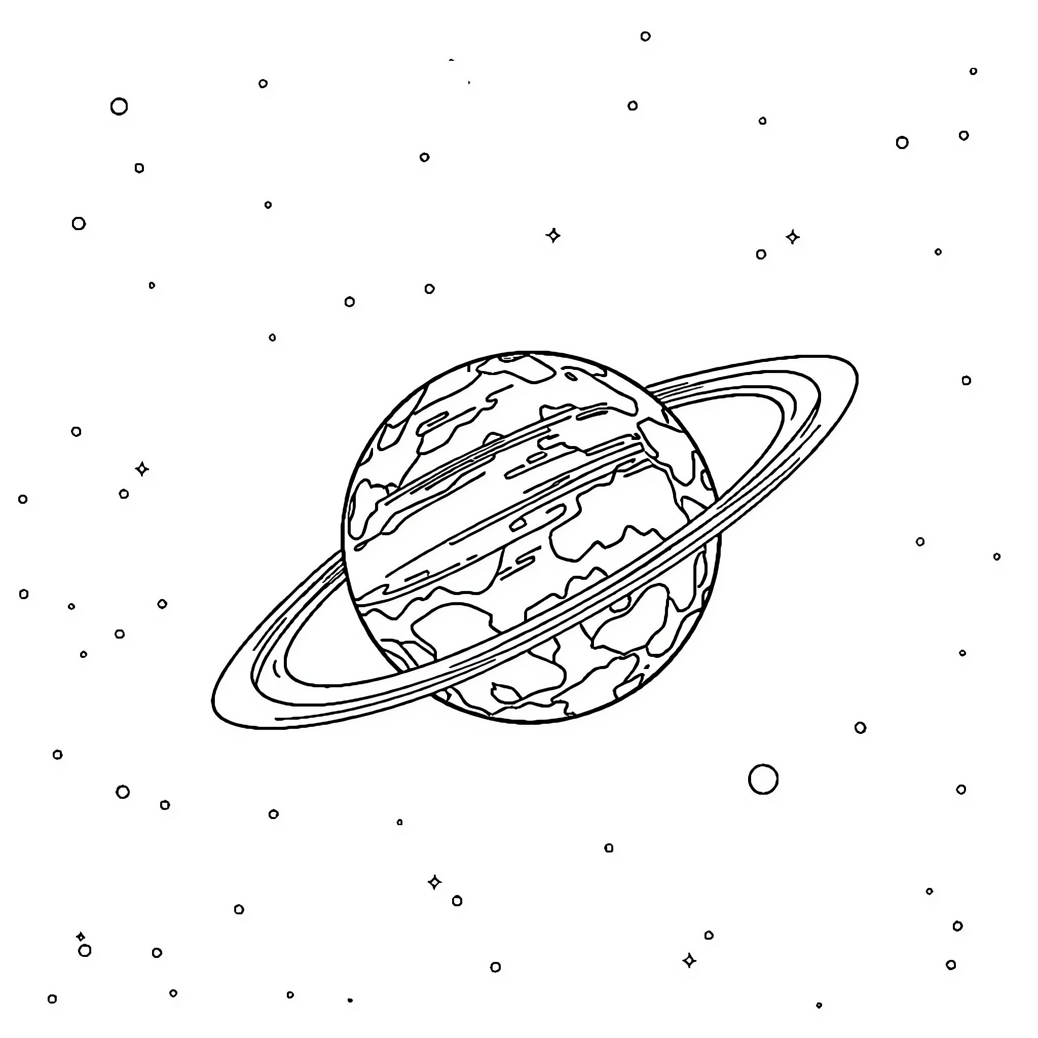 Planet surrounded by cosmic elements in space Coloring Page (free black-and-white line drawing printable PDF for all, from beginners to advanced learners, including children, teens, adults, and seniors)