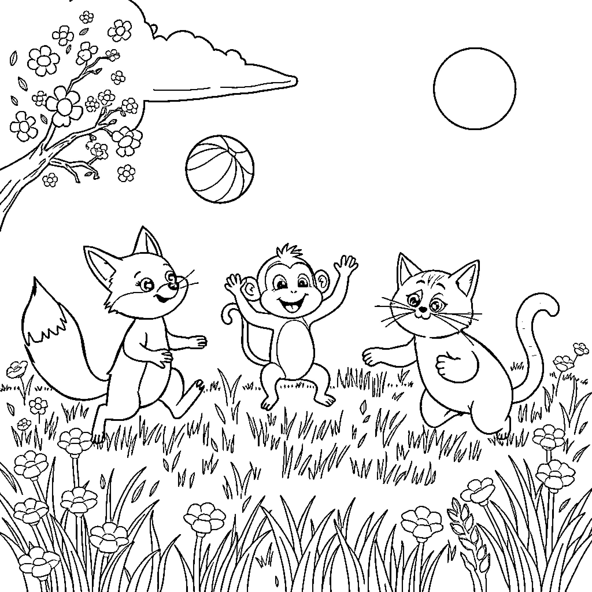 Fox and friends enjoying a playful day outdoors Coloring Page (free black-and-white line drawing printable PDF for all, from beginners to advanced learners, including children, teens, adults, and seniors)