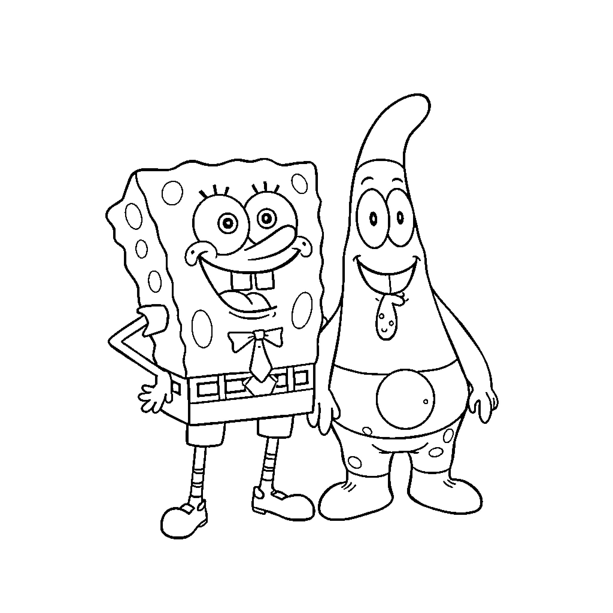Spongebob and Patrick in Cartoon Outfits Coloring Page (free black-and-white line drawing printable PDF for all, from beginners to advanced learners, including children, teens, adults, and seniors)