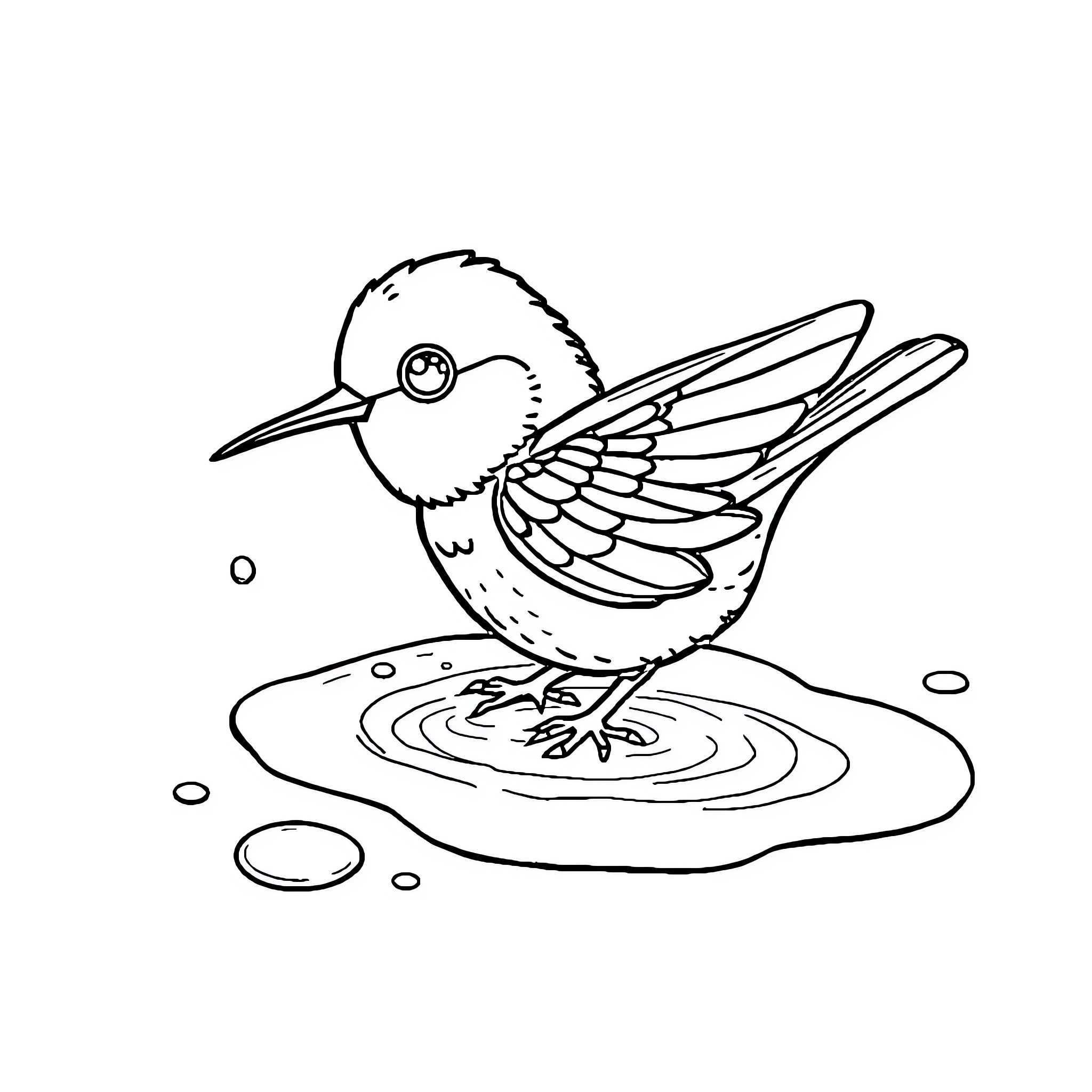 Hummingbird perched on water surface Coloring Page (free black-and-white line drawing printable PDF for all, from beginners to advanced learners, including children, teens, adults, and seniors)
