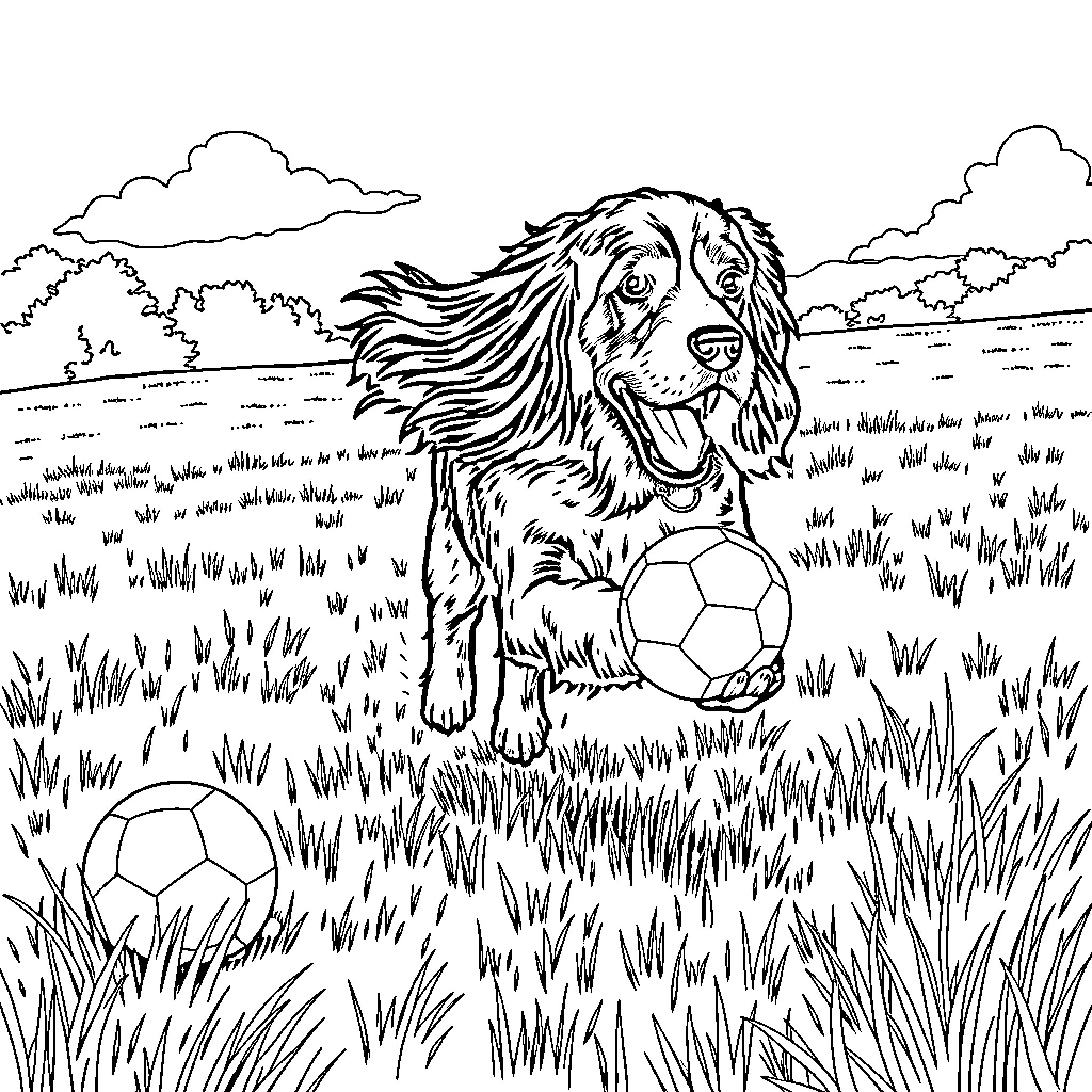 Sprocker Spaniel playing with soccer balls in a field Coloring Page (free black-and-white line drawing printable PDF for all, from beginners to advanced learners, including children, teens, adults, and seniors)