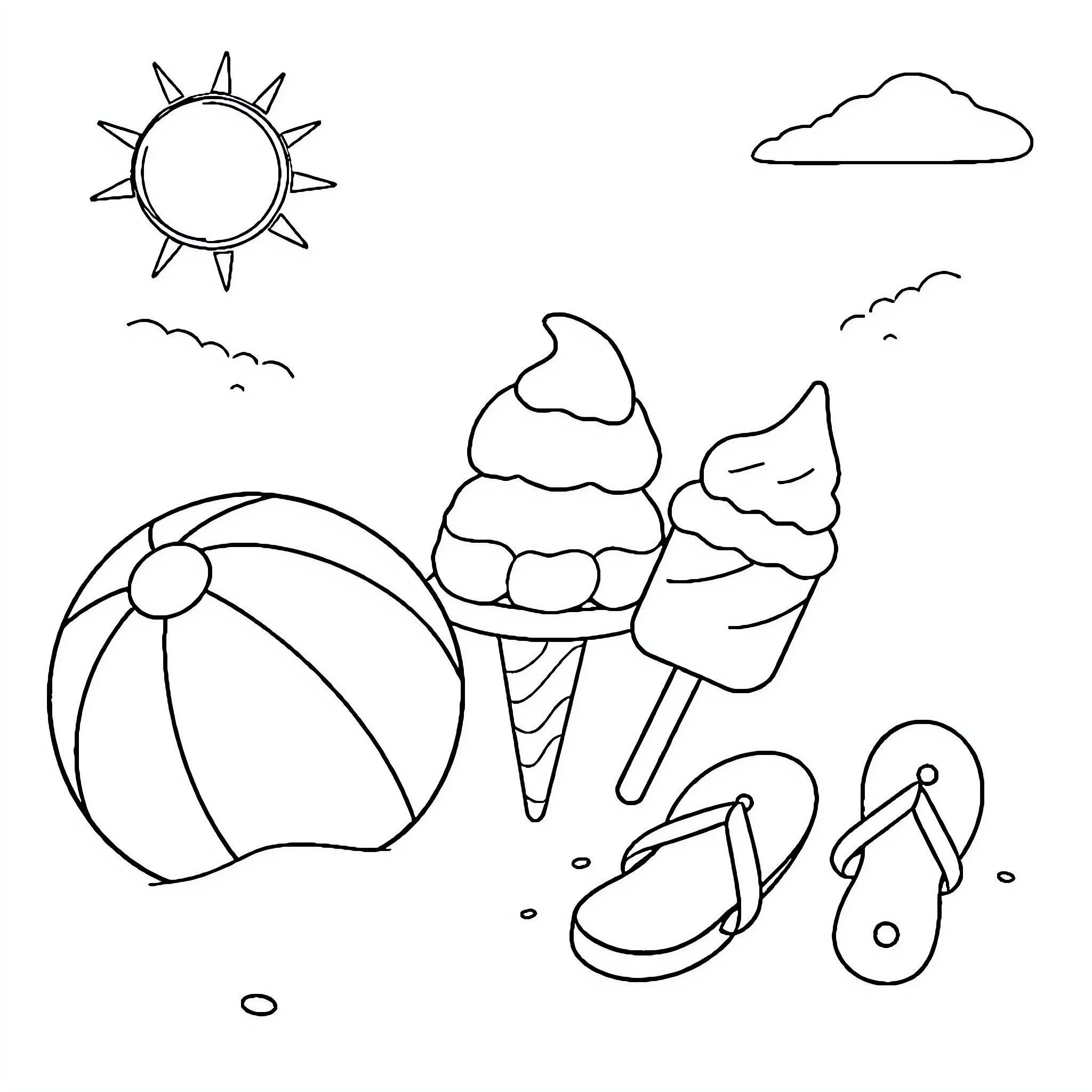 Summer Item Fun and Games Coloring Page (free black-and-white line drawing printable PDF for all, from beginners to advanced learners, including children, teens, adults, and seniors)