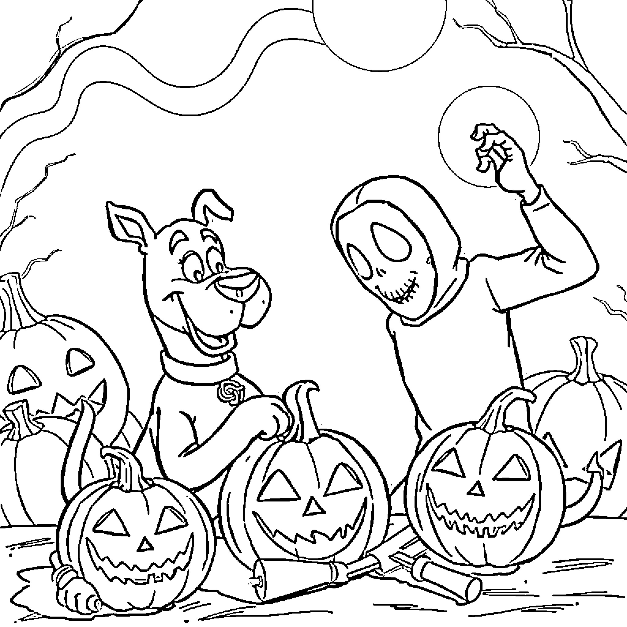 Jack-o'-lantern friends celebrate Halloween together Coloring Page (free black-and-white line drawing printable PDF for all, from beginners to advanced learners, including children, teens, adults, and seniors)