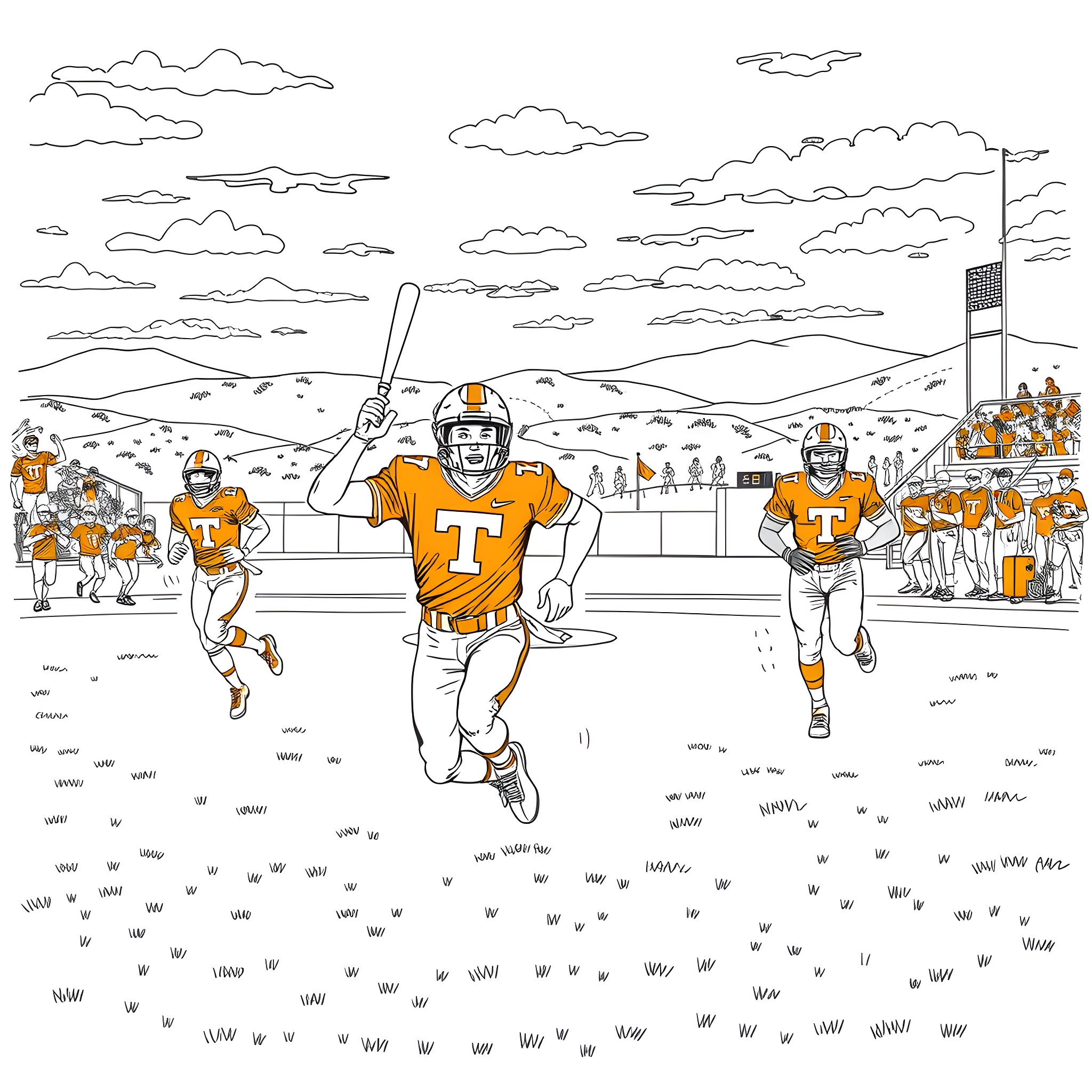 Baseball players in action on the field Coloring Page (free black-and-white line drawing printable PDF for all, from beginners to advanced learners, including children, teens, adults, and seniors)