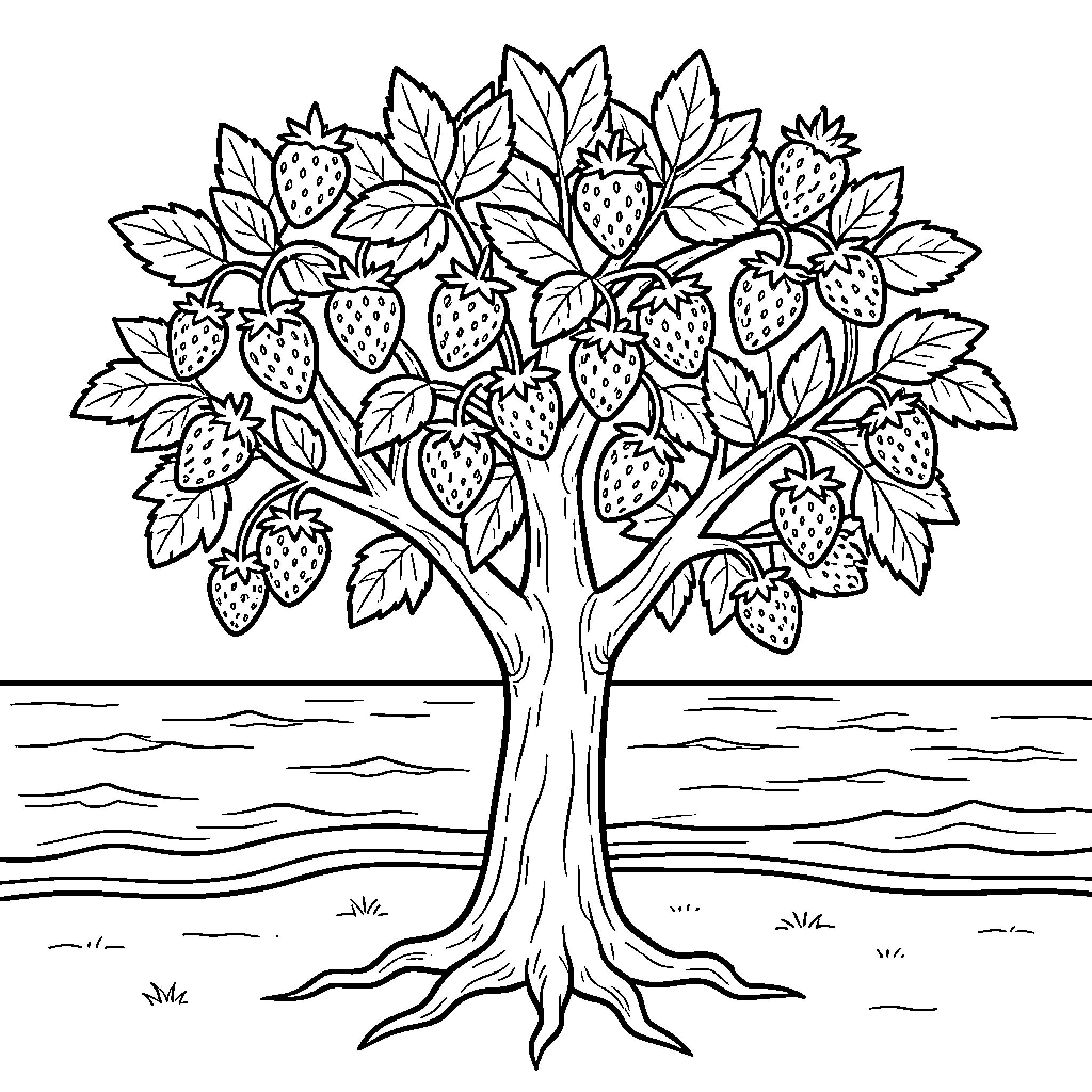Strawberry tree bearing many ripe fruits in nature Coloring Page (free black-and-white line drawing printable PDF for all, from beginners to advanced learners, including children, teens, adults, and seniors)
