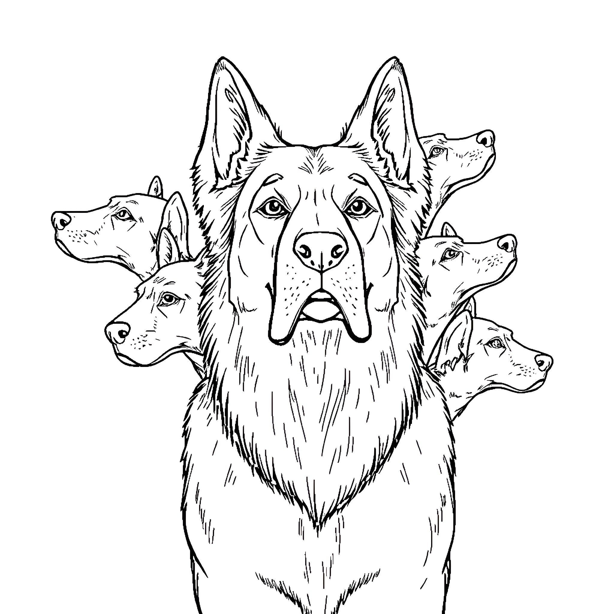 Dog with Multiple Heads in Sketch Style Coloring Page (free black-and-white line drawing printable PDF for all, from beginners to advanced learners, including children, teens, adults, and seniors)
