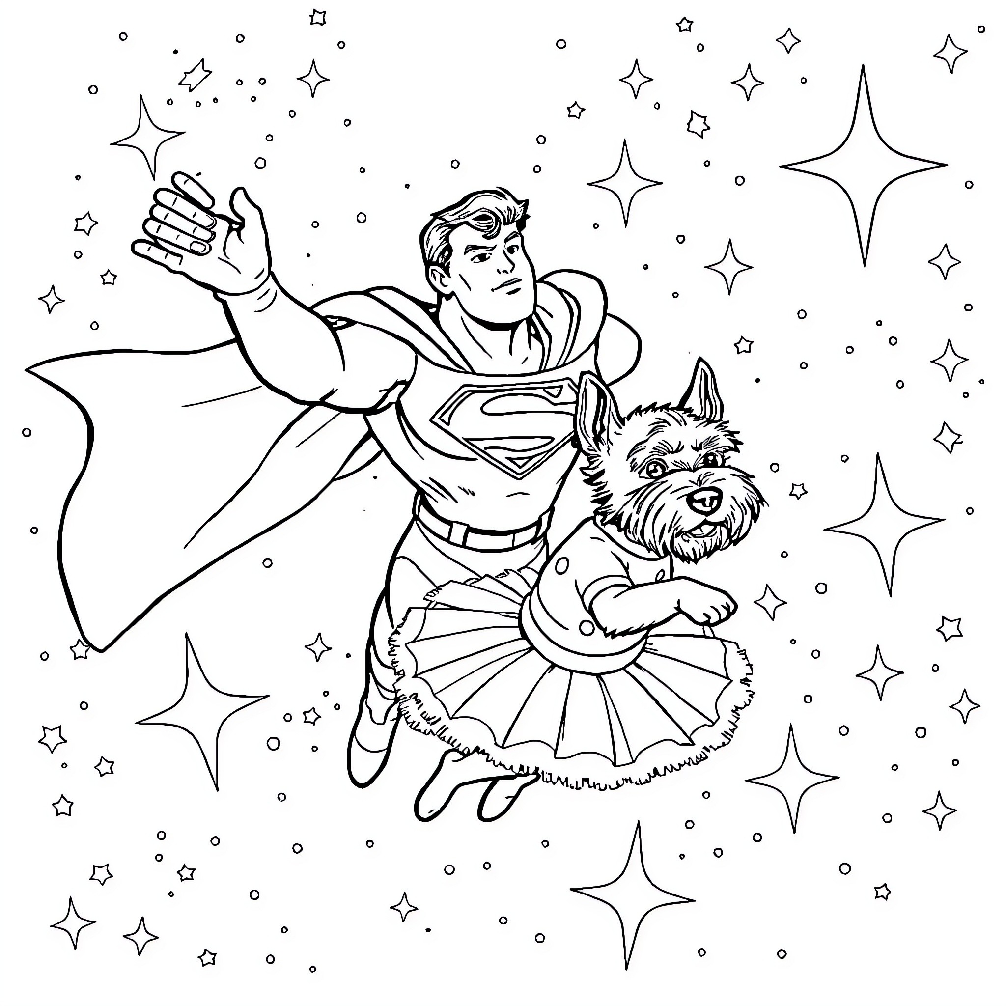 Superman flying with a cute dog companion in a starry sky Coloring Page (free black-and-white line drawing printable PDF for all, from beginners to advanced learners, including children, teens, adults, and seniors)