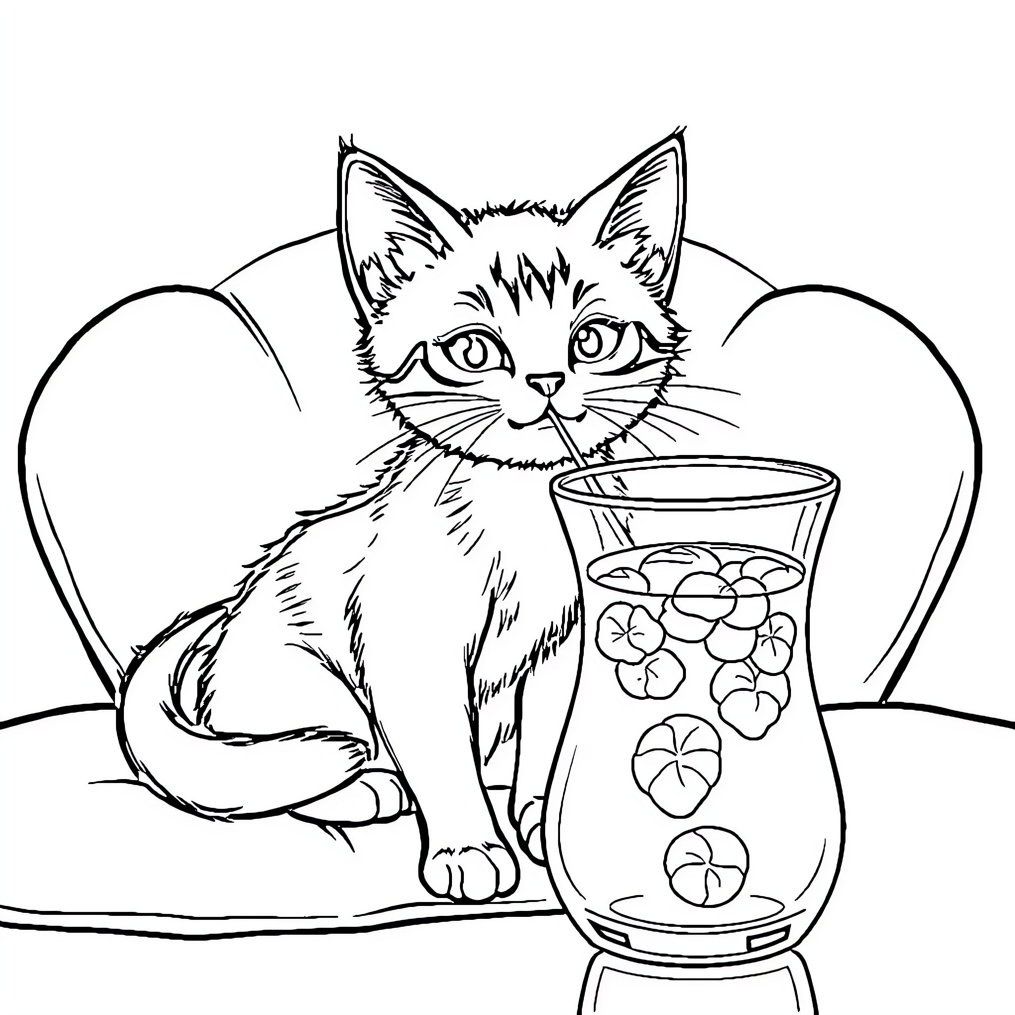 Kuromi playing with flowers in a vase Coloring Page (free black-and-white line drawing printable PDF for all, from beginners to advanced learners, including children, teens, adults, and seniors)