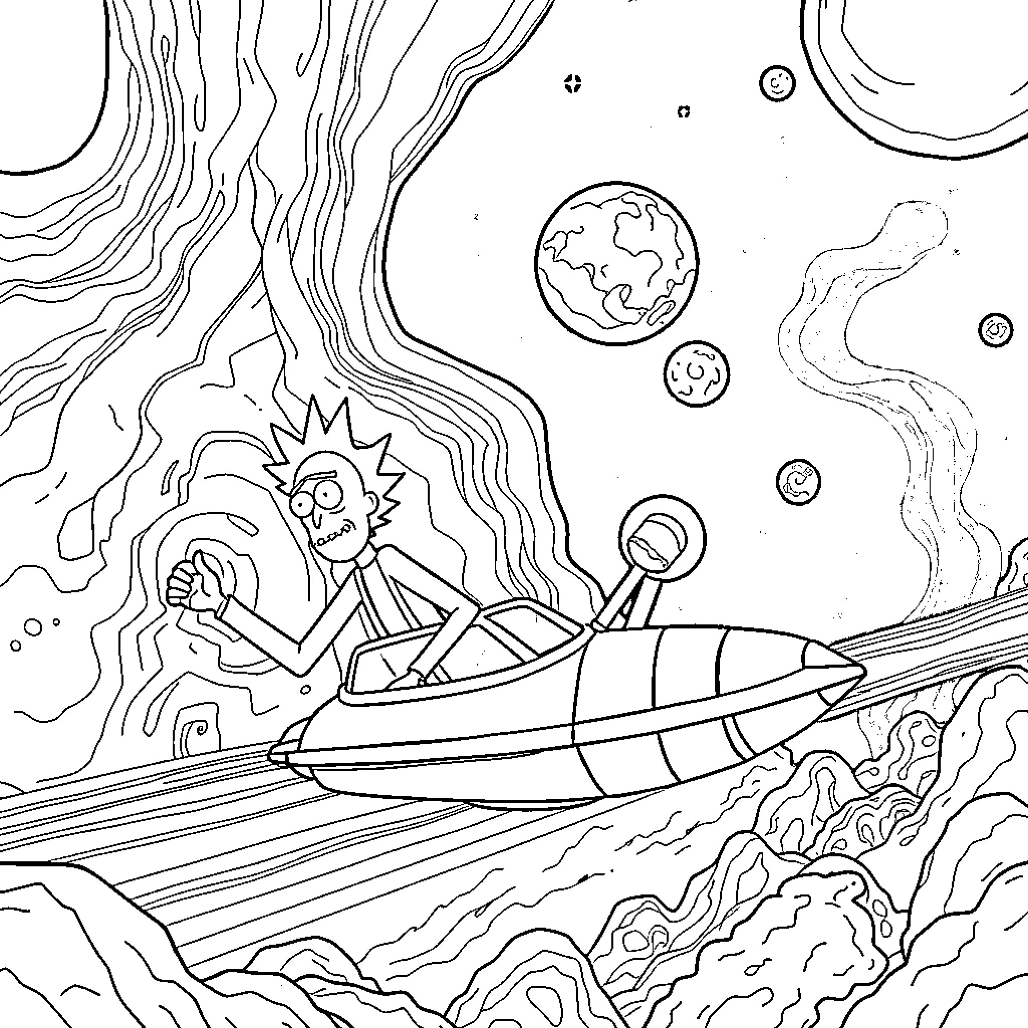 Rick And Morty Exploring the Sci-Fi Universe Coloring Page (free black-and-white line drawing printable PDF for all, from beginners to advanced learners, including children, teens, adults, and seniors)