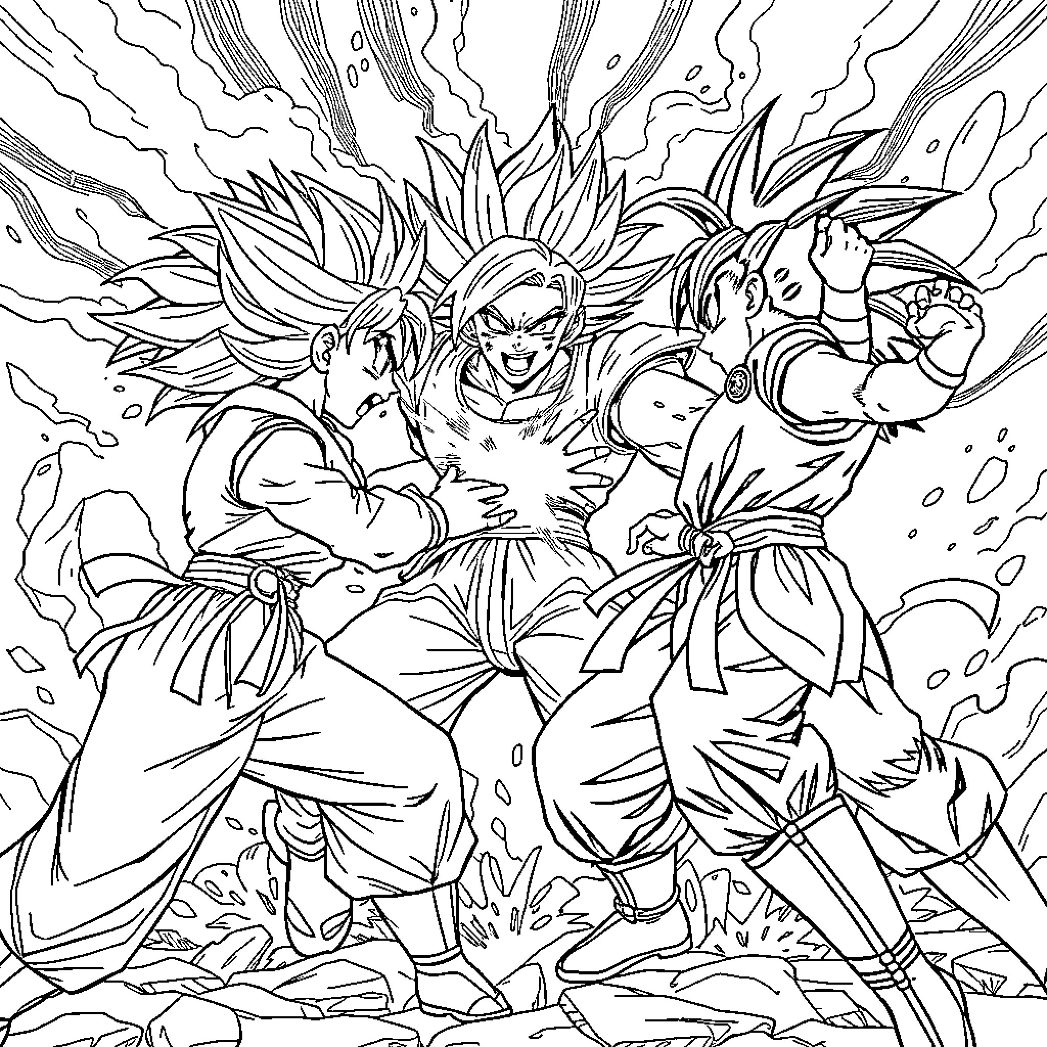 Guerrera: Fierce Anime Fighters in Epic Showdown Coloring Page (free black-and-white line drawing printable PDF for all, from beginners to advanced learners, including children, teens, adults, and seniors)