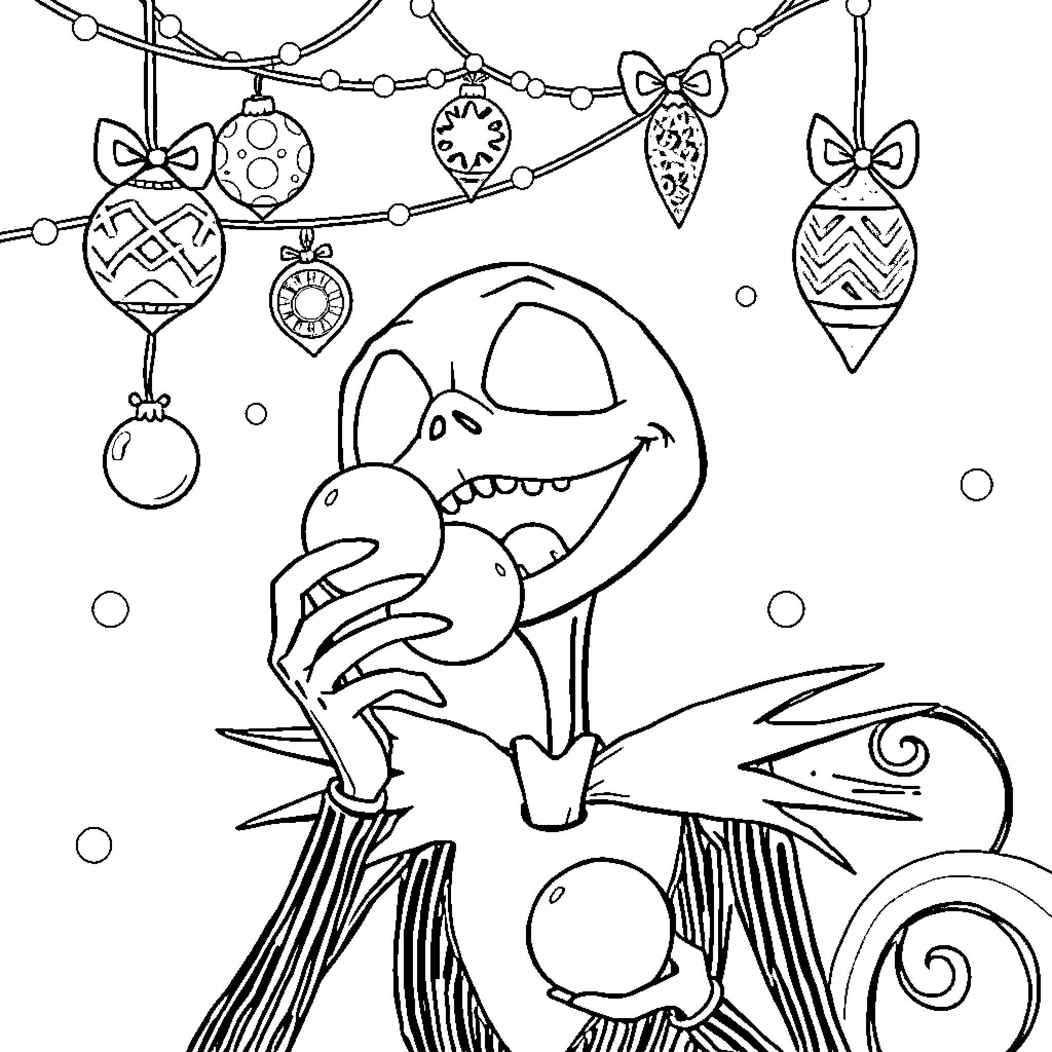 Jack Skellington Decorating Christmas Ornaments Coloring Page (free black-and-white line drawing printable PDF for all, from beginners to advanced learners, including children, teens, adults, and seniors)