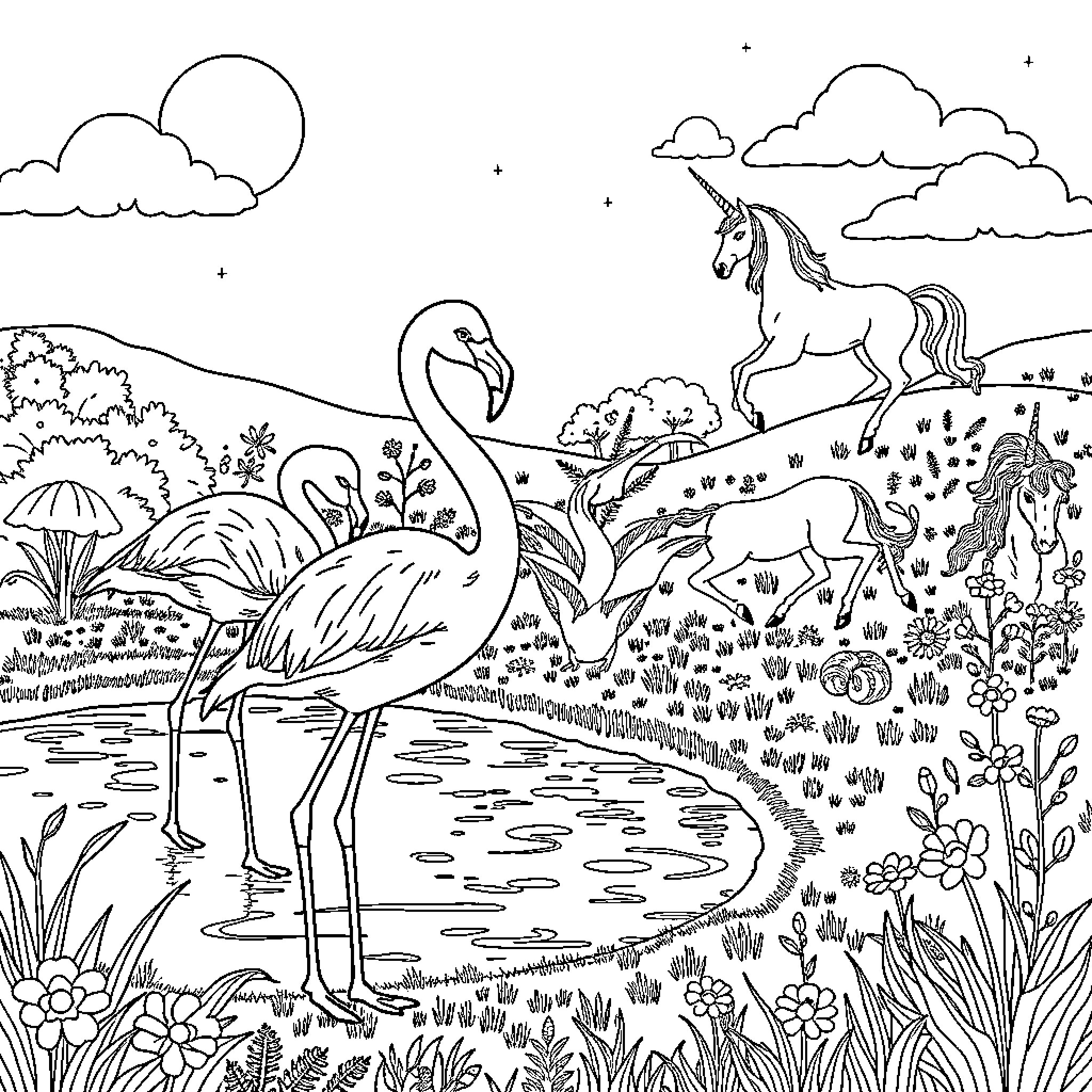 Flamingos and Unicorns in Idyllic Scenery Coloring Page (free black-and-white line drawing printable PDF for all, from beginners to advanced learners, including children, teens, adults, and seniors)