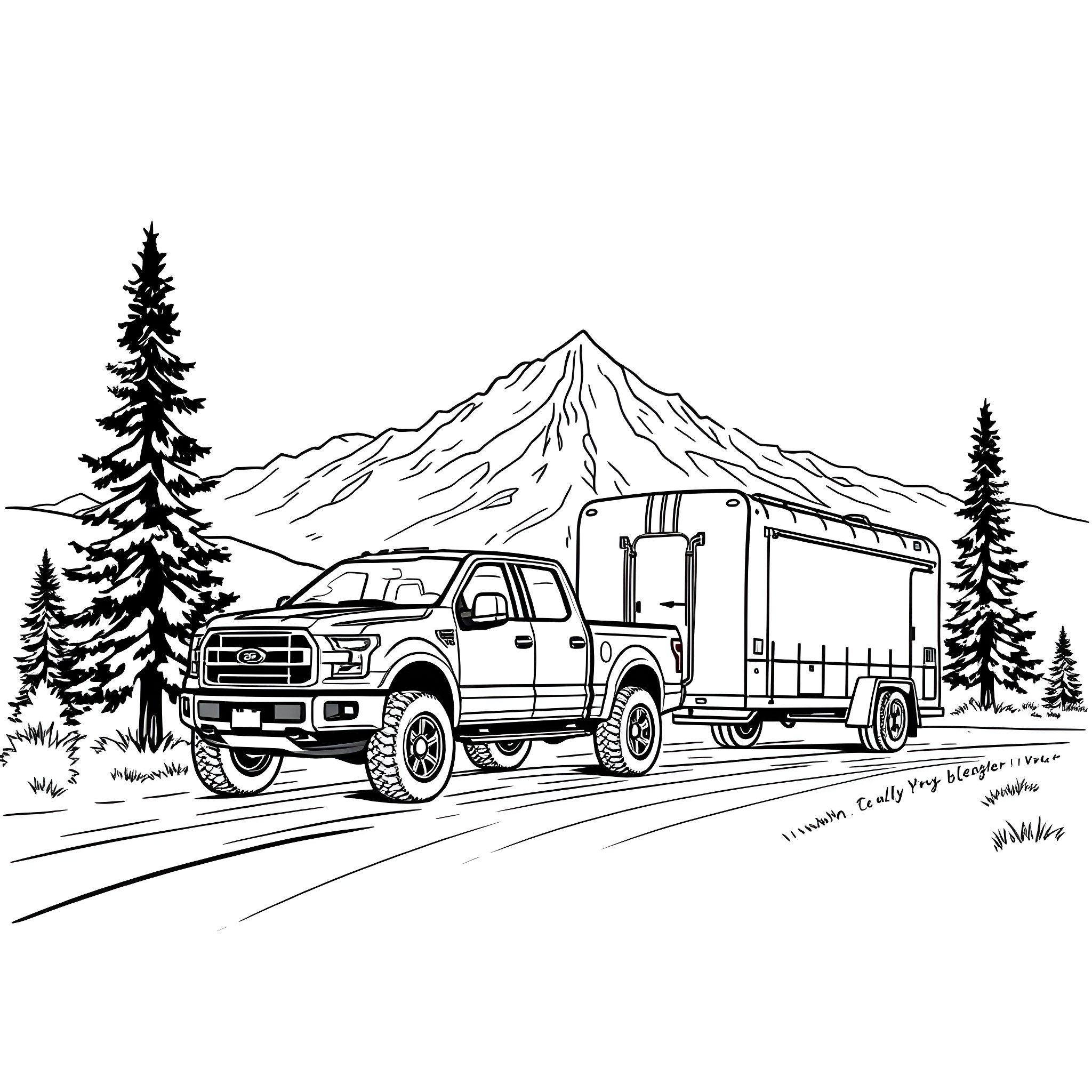 Pickup Truck Towing Trailer in Mountainous Landscape Coloring Page (free black-and-white line drawing printable PDF for all, from beginners to advanced learners, including children, teens, adults, and seniors)