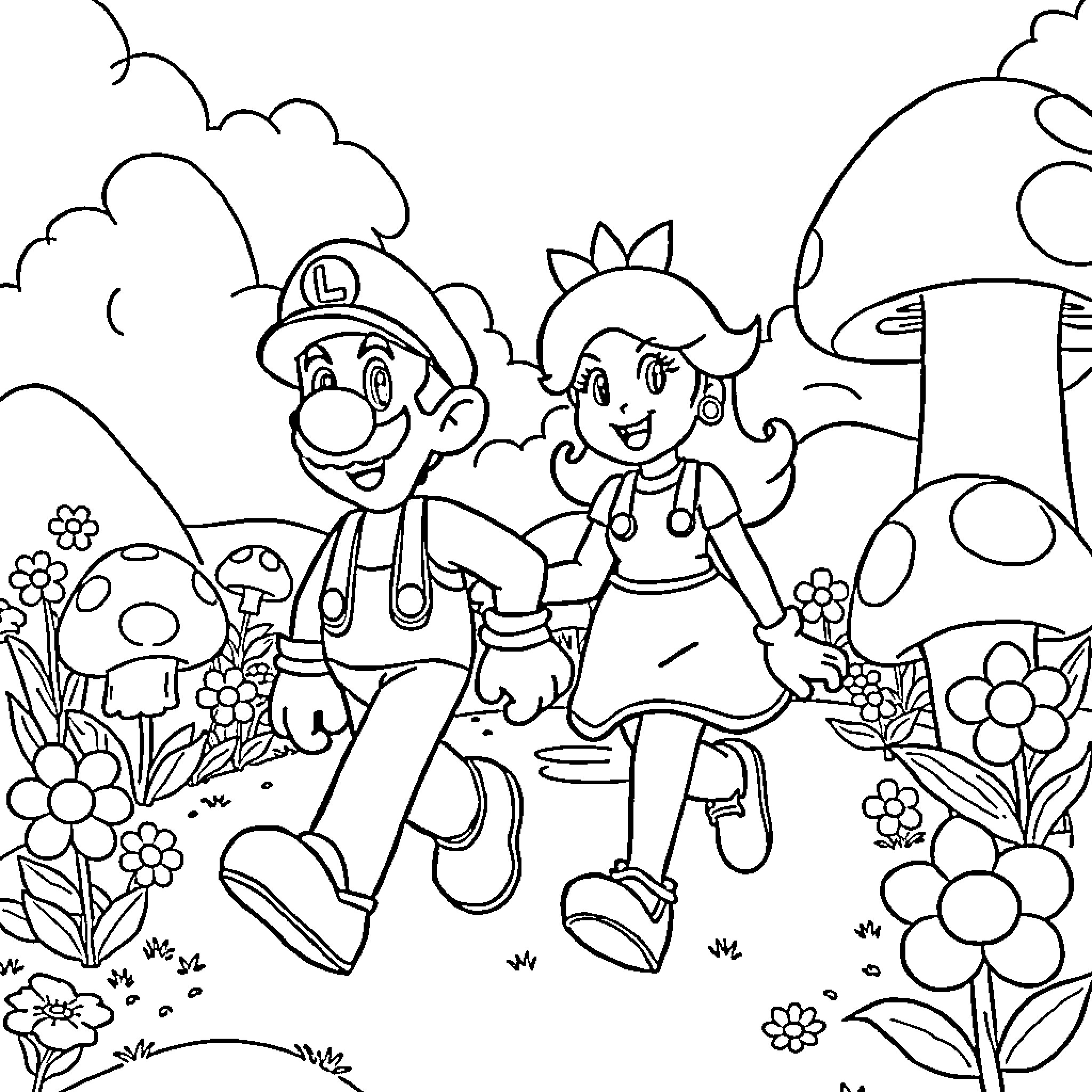 Luigi and Daisy's Whimsical Adventure Coloring Page (free black-and-white line drawing printable PDF for all, from beginners to advanced learners, including children, teens, adults, and seniors)