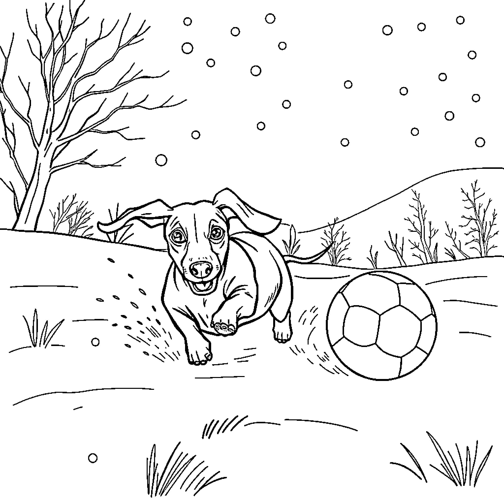Dachshund playing joyfully with soccer ball in winter landscape Coloring Page (free black-and-white line drawing printable PDF for all, from beginners to advanced learners, including children, teens, adults, and seniors)