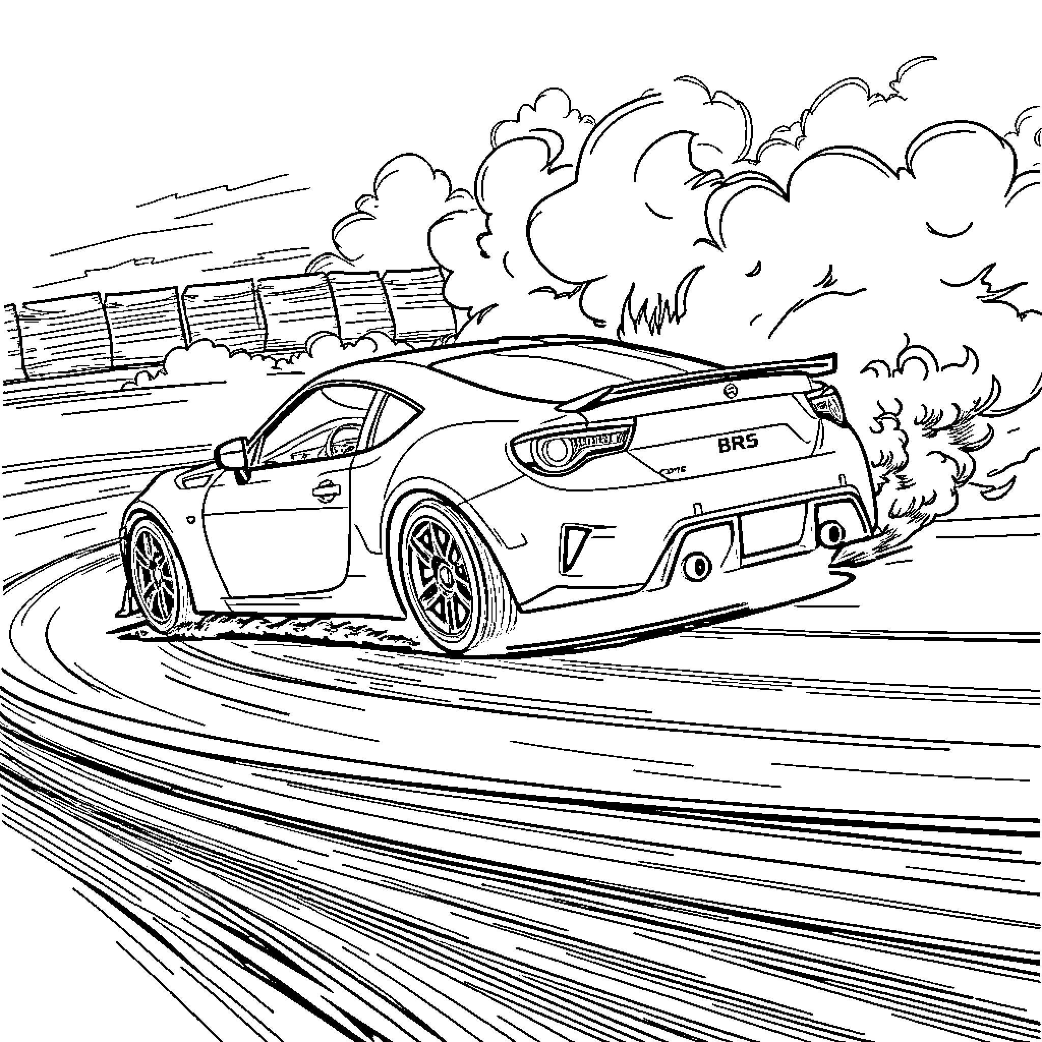 BRZ speeding through a winding road Coloring Page (free black-and-white line drawing printable PDF for all, from beginners to advanced learners, including children, teens, adults, and seniors)