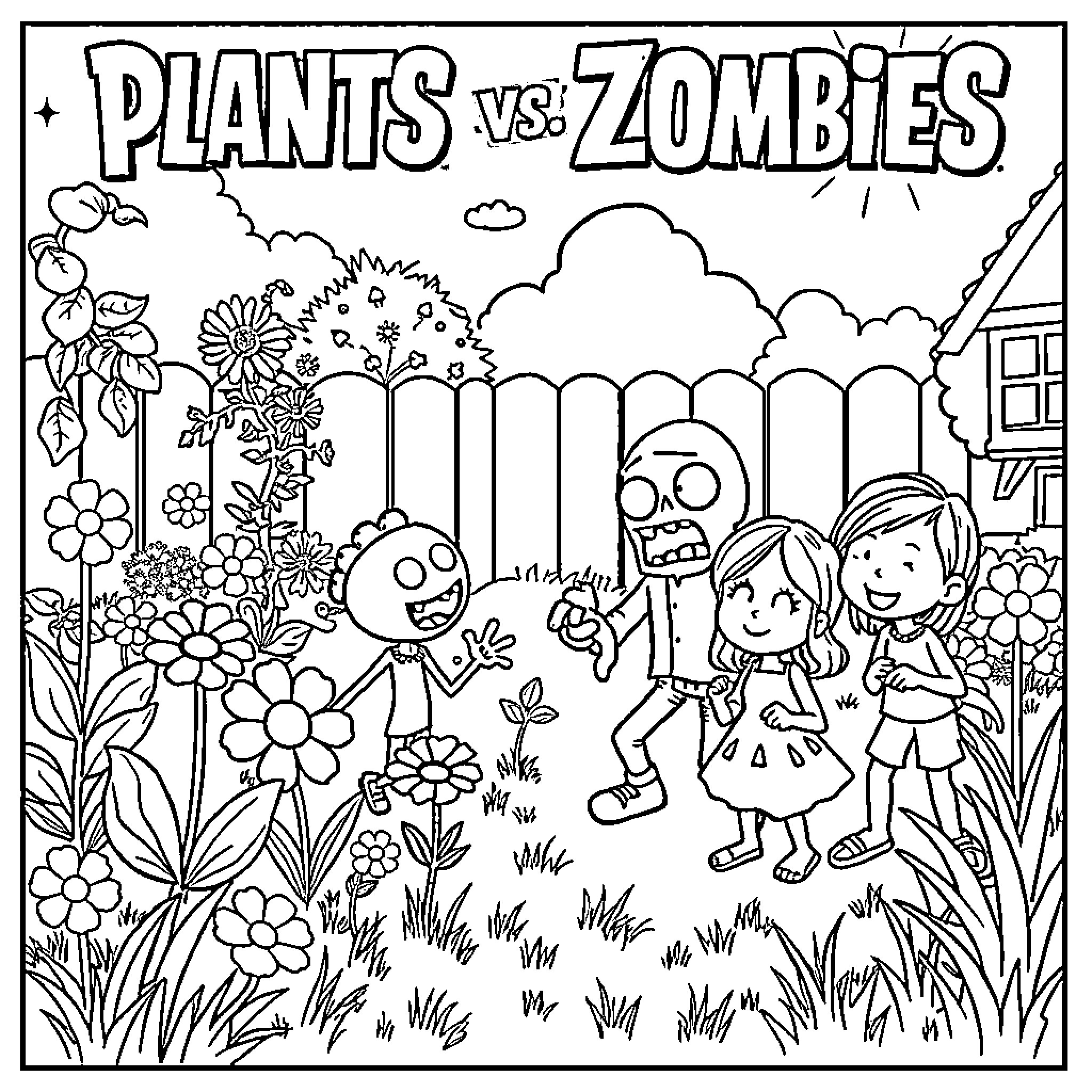 Plants vs. Zombies garden adventure with characters Coloring Page (free black-and-white line drawing printable PDF for all, from beginners to advanced learners, including children, teens, adults, and seniors)