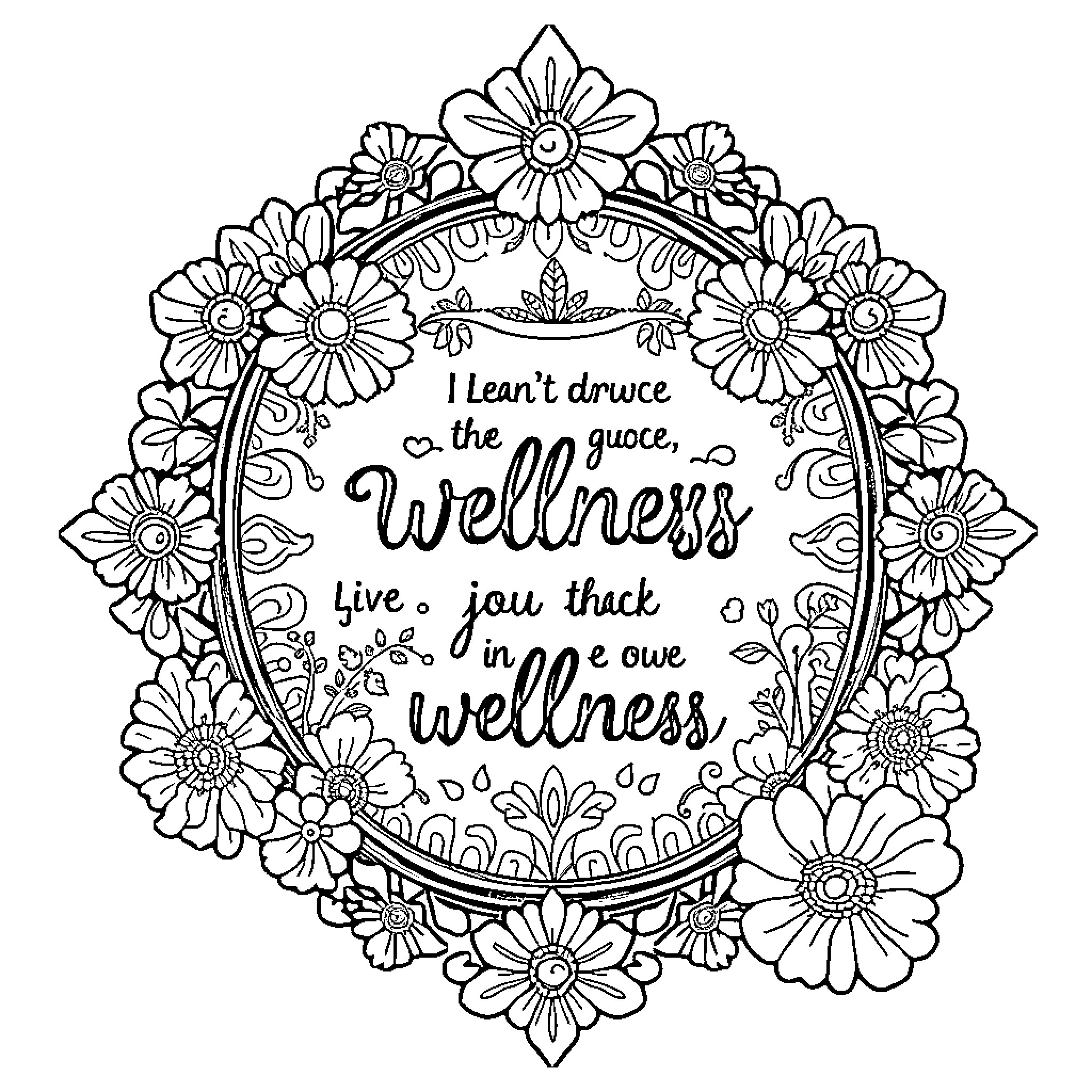 Wellness Floral Design with Inspiring Quote Coloring Page (free black-and-white line drawing printable PDF for all, from beginners to advanced learners, including children, teens, adults, and seniors)