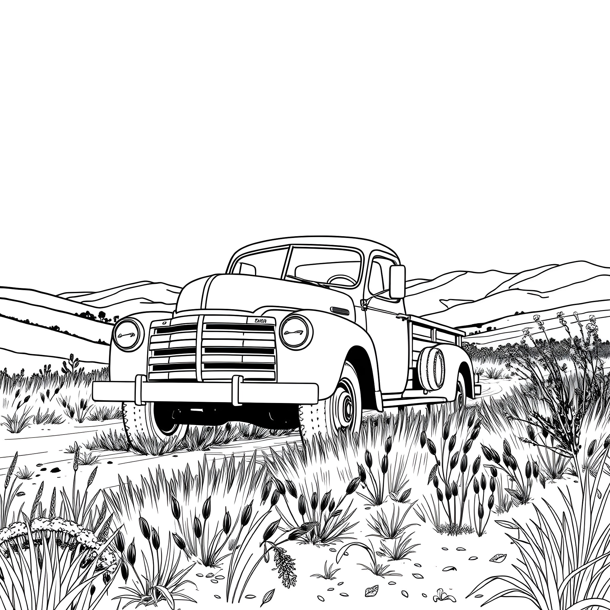 Truck parked in a serene landscape Coloring Page (free black-and-white line drawing printable PDF for all, from beginners to advanced learners, including children, teens, adults, and seniors)