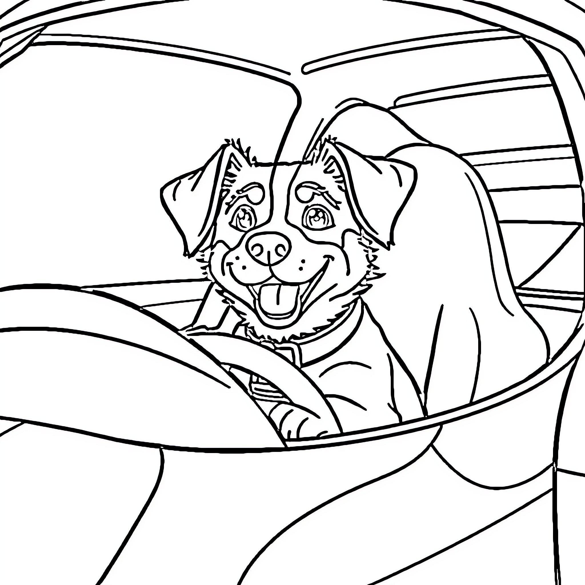 Dog happily looking out the car window Coloring Page (free black-and-white line drawing printable PDF for all, from beginners to advanced learners, including children, teens, adults, and seniors)