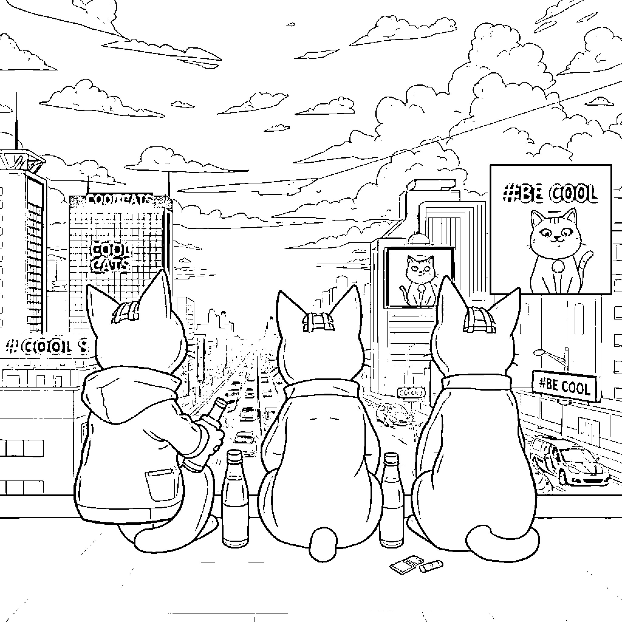 Cats exploring the urban landscape Coloring Page (free black-and-white line drawing printable PDF for all, from beginners to advanced learners, including children, teens, adults, and seniors)