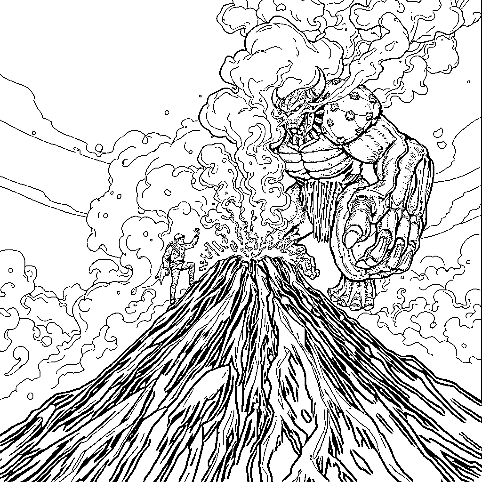 Adventurer Faces Erupting Volcanic Peril Coloring Page (free black-and-white line drawing printable PDF for all, from beginners to advanced learners, including children, teens, adults, and seniors)