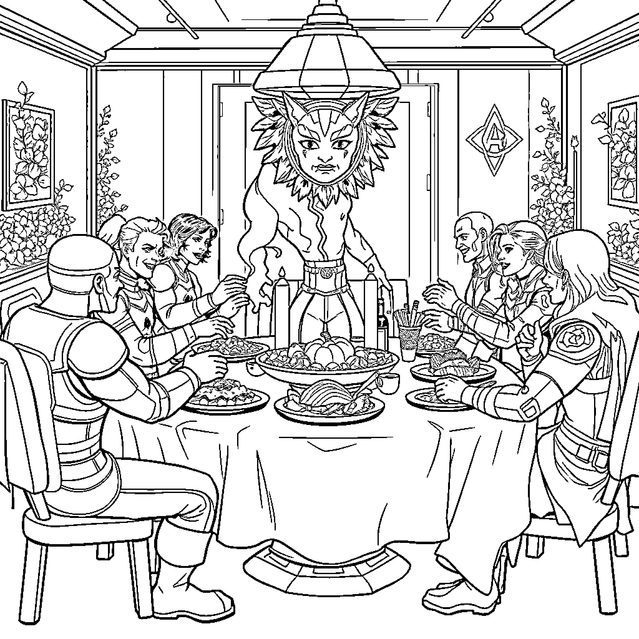 Avengers Gathering for a Feast Coloring Page (free black-and-white line drawing printable PDF for all, from beginners to advanced learners, including children, teens, adults, and seniors)