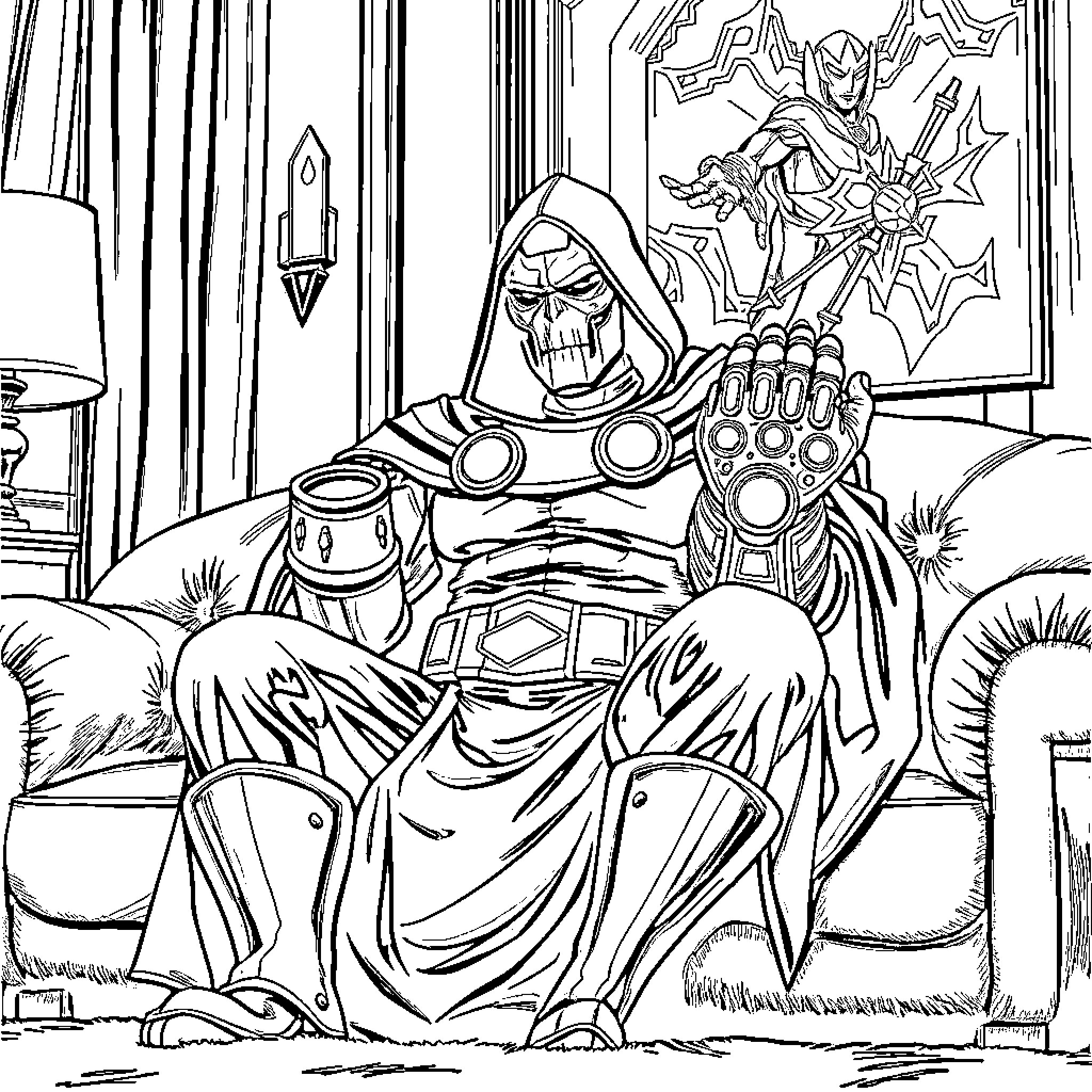 Dr. Doom plotting his villainous schemes in his lair Coloring Page (free black-and-white line drawing printable PDF for all, from beginners to advanced learners, including children, teens, adults, and seniors)