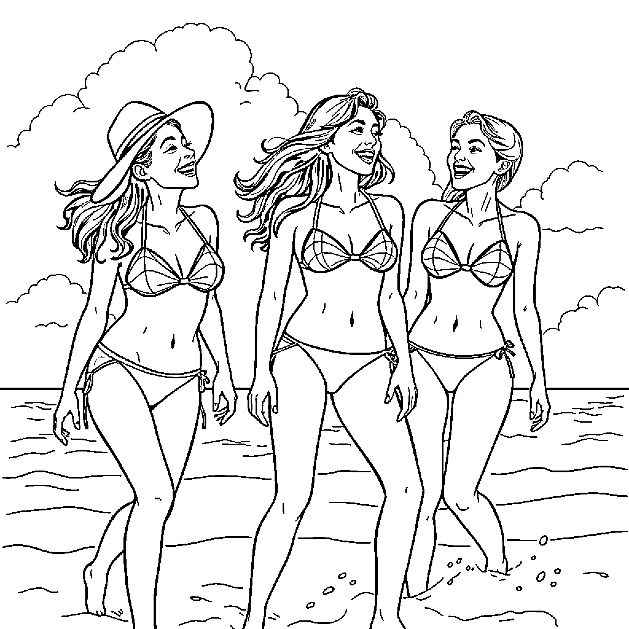 Girls enjoying a beach day in stylish swimwear Coloring Page (free black-and-white line drawing printable PDF for all, from beginners to advanced learners, including children, teens, adults, and seniors)