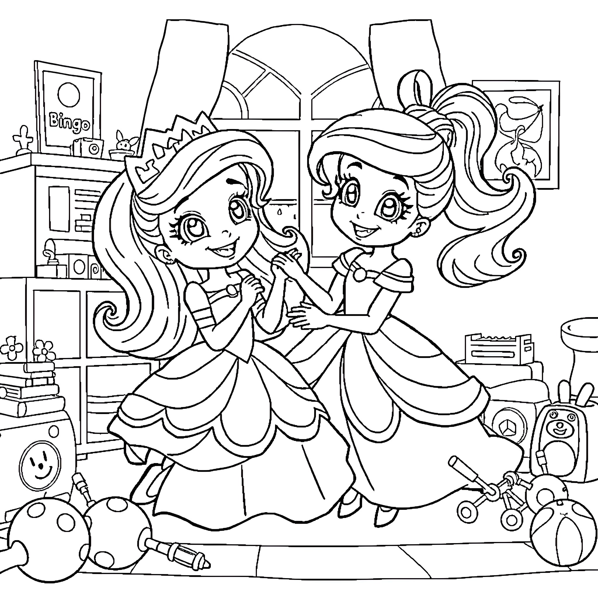 Bluey and Daisy Having a Playful Moment Coloring Page (free black-and-white line drawing printable PDF for all, from beginners to advanced learners, including children, teens, adults, and seniors)