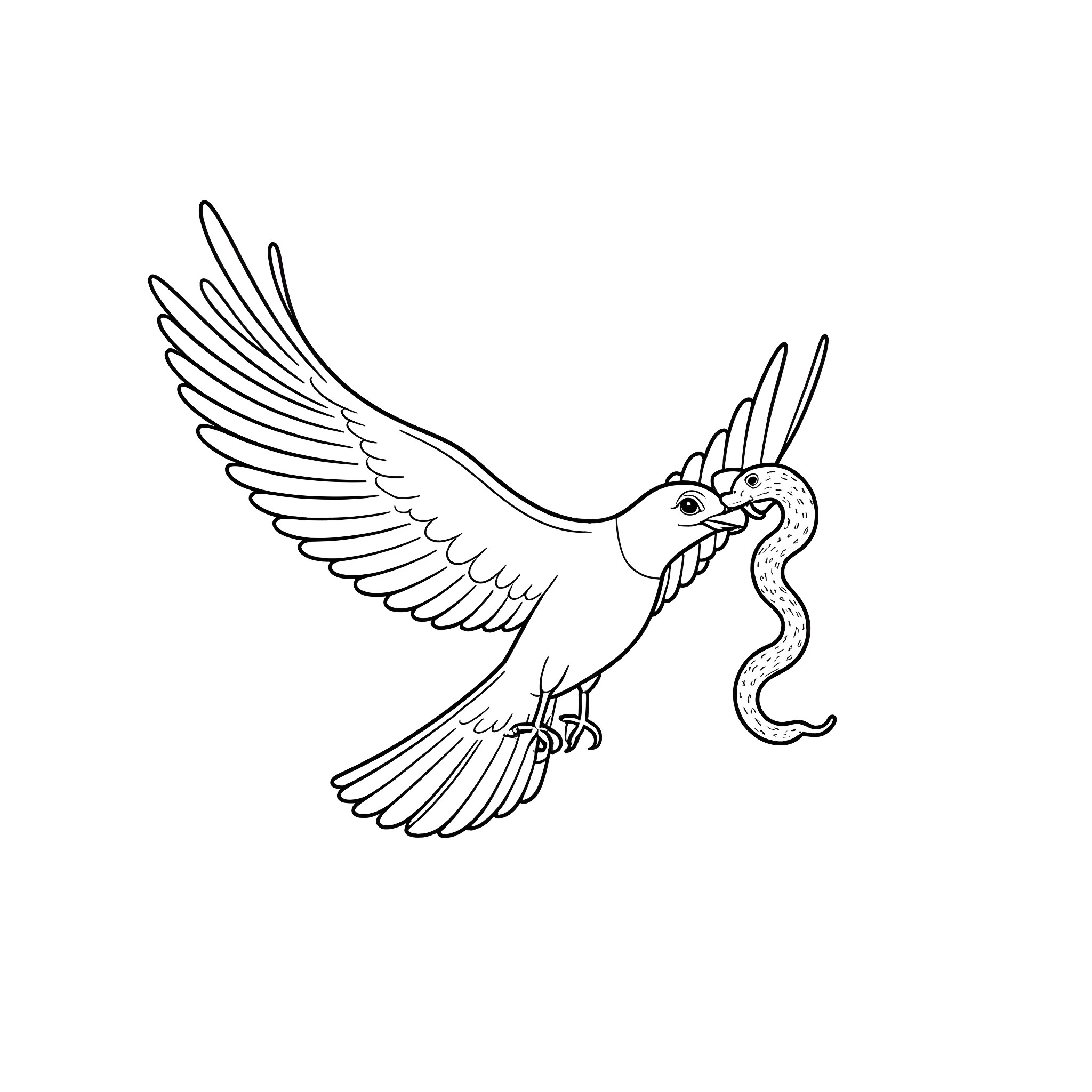 Bird carrying a snake in its beak Coloring Page (free black-and-white line drawing printable PDF for all, from beginners to advanced learners, including children, teens, adults, and seniors)