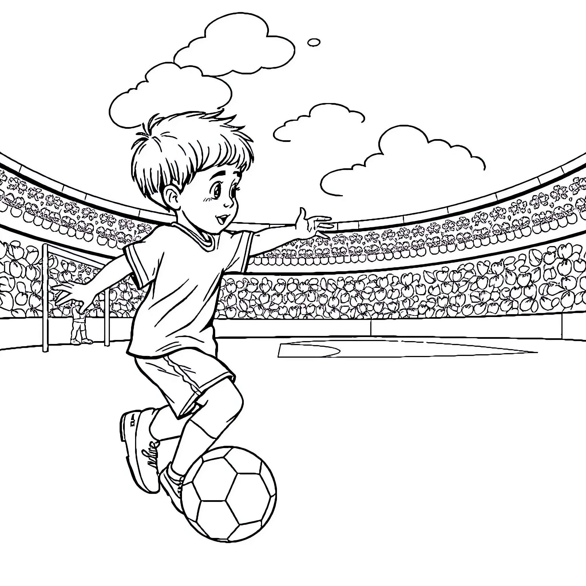 Boy playing soccer in sports stadium Coloring Page (free black-and-white line drawing printable PDF for all, from beginners to advanced learners, including children, teens, adults, and seniors)