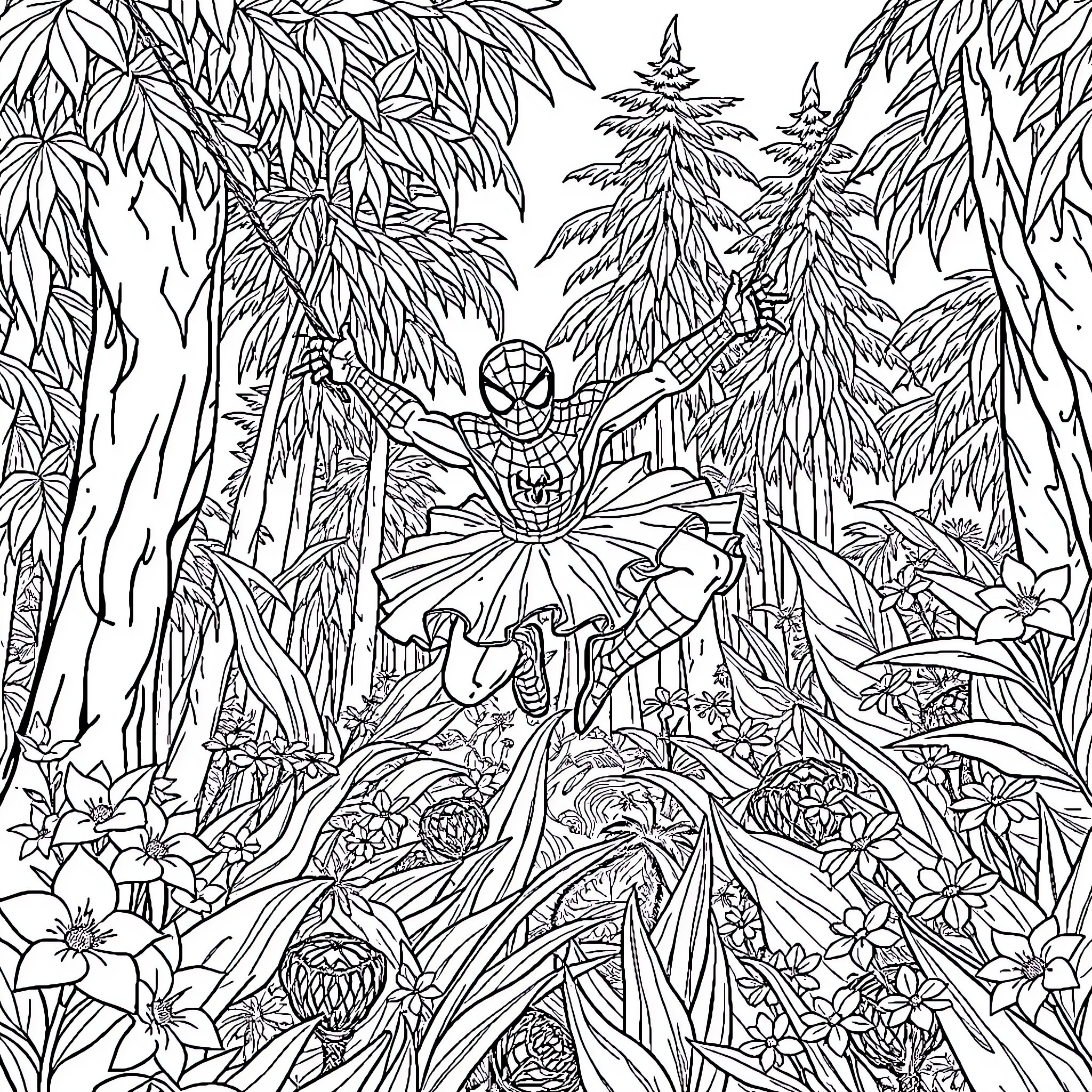 Spiderman swinging through a lush forest Coloring Page (free black-and-white line drawing printable PDF for all, from beginners to advanced learners, including children, teens, adults, and seniors)