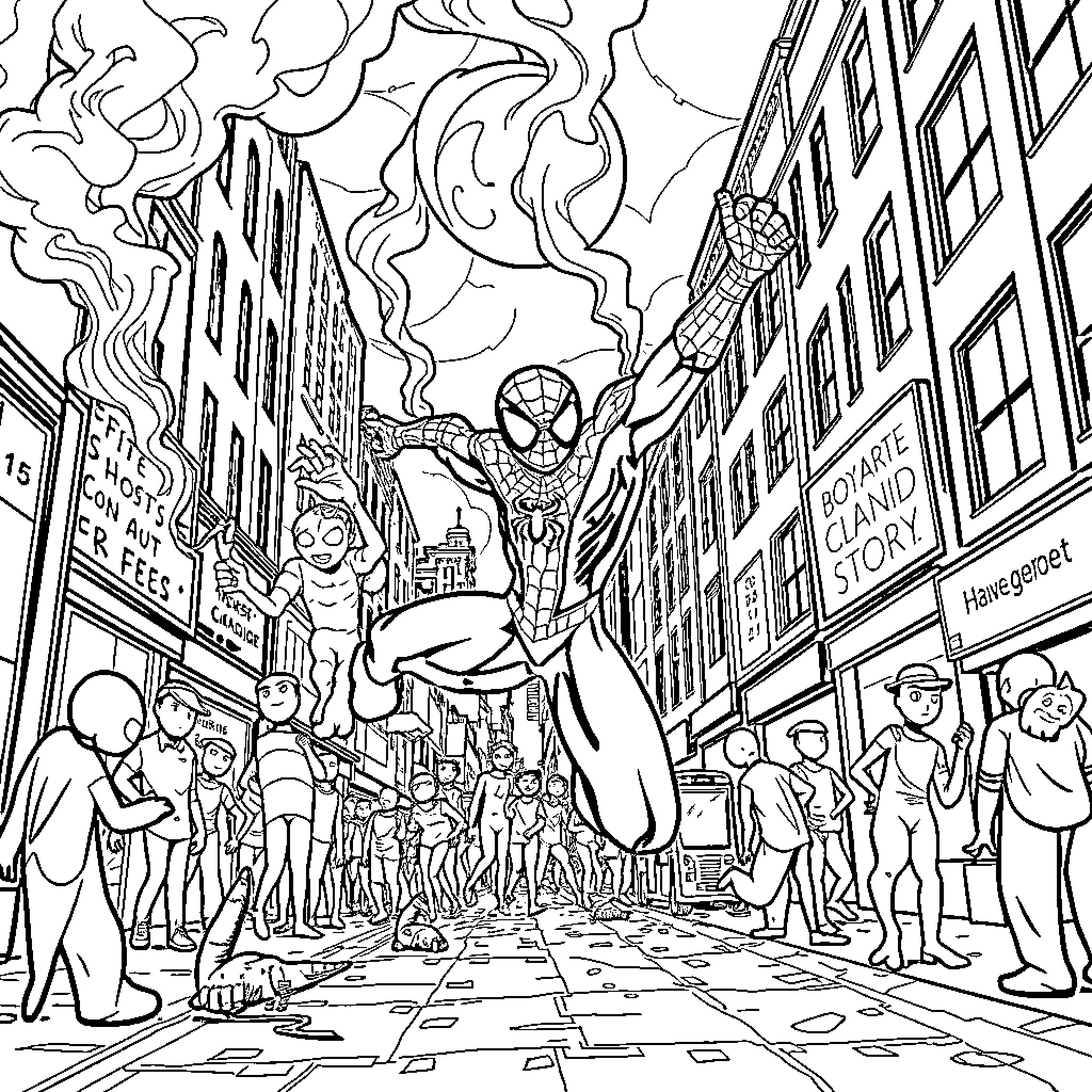 Giant Superheroes Battling Villains on City Streets Coloring Page (free black-and-white line drawing printable PDF for all, from beginners to advanced learners, including children, teens, adults, and seniors)