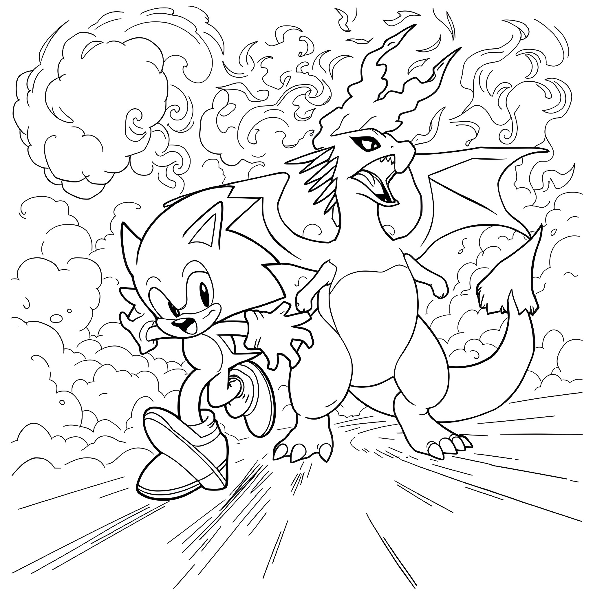 Sonic characters in an action-packed scene Coloring Page (free black-and-white line drawing printable PDF for all, from beginners to advanced learners, including children, teens, adults, and seniors)
