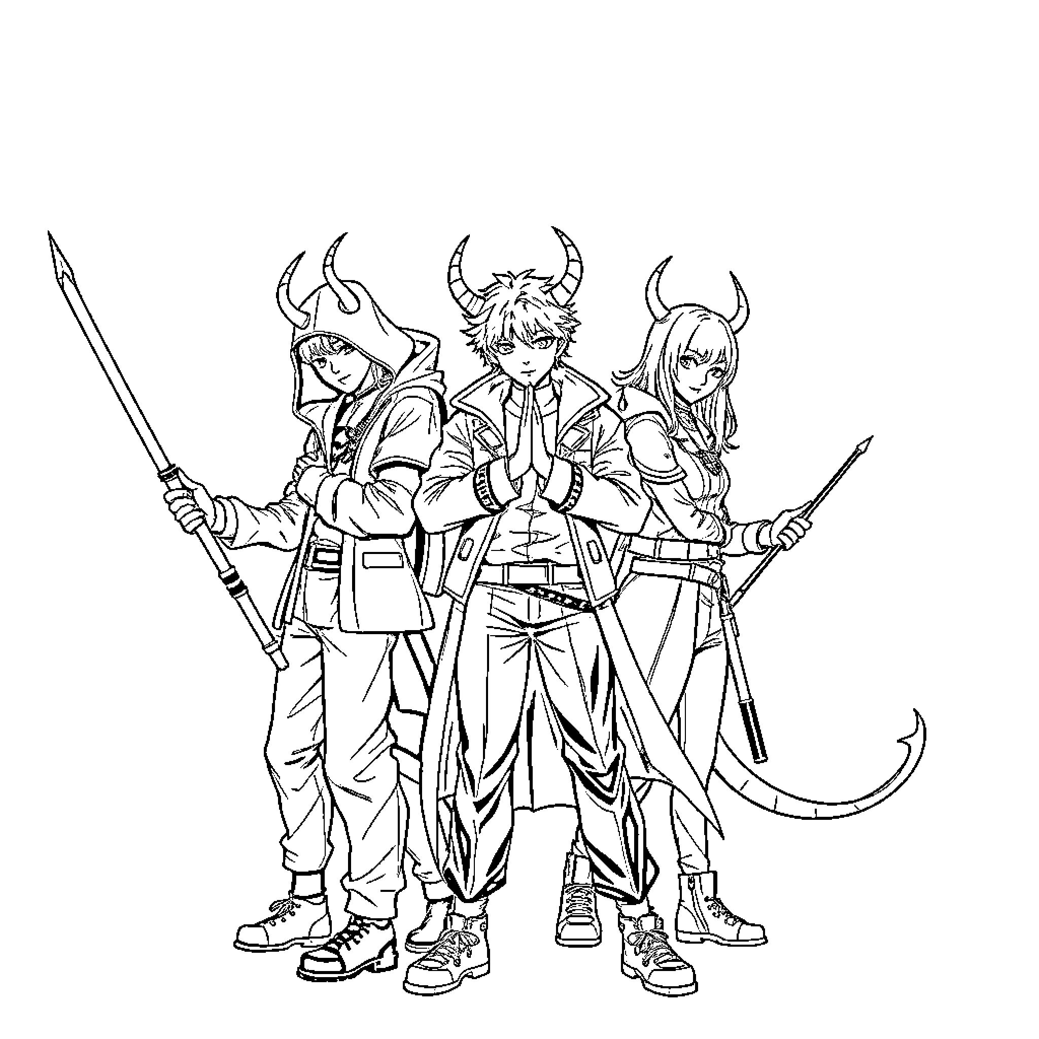 Kpop Superheroes in Stylized Outfits Coloring Page (free black-and-white line drawing printable PDF for all, from beginners to advanced learners, including children, teens, adults, and seniors)