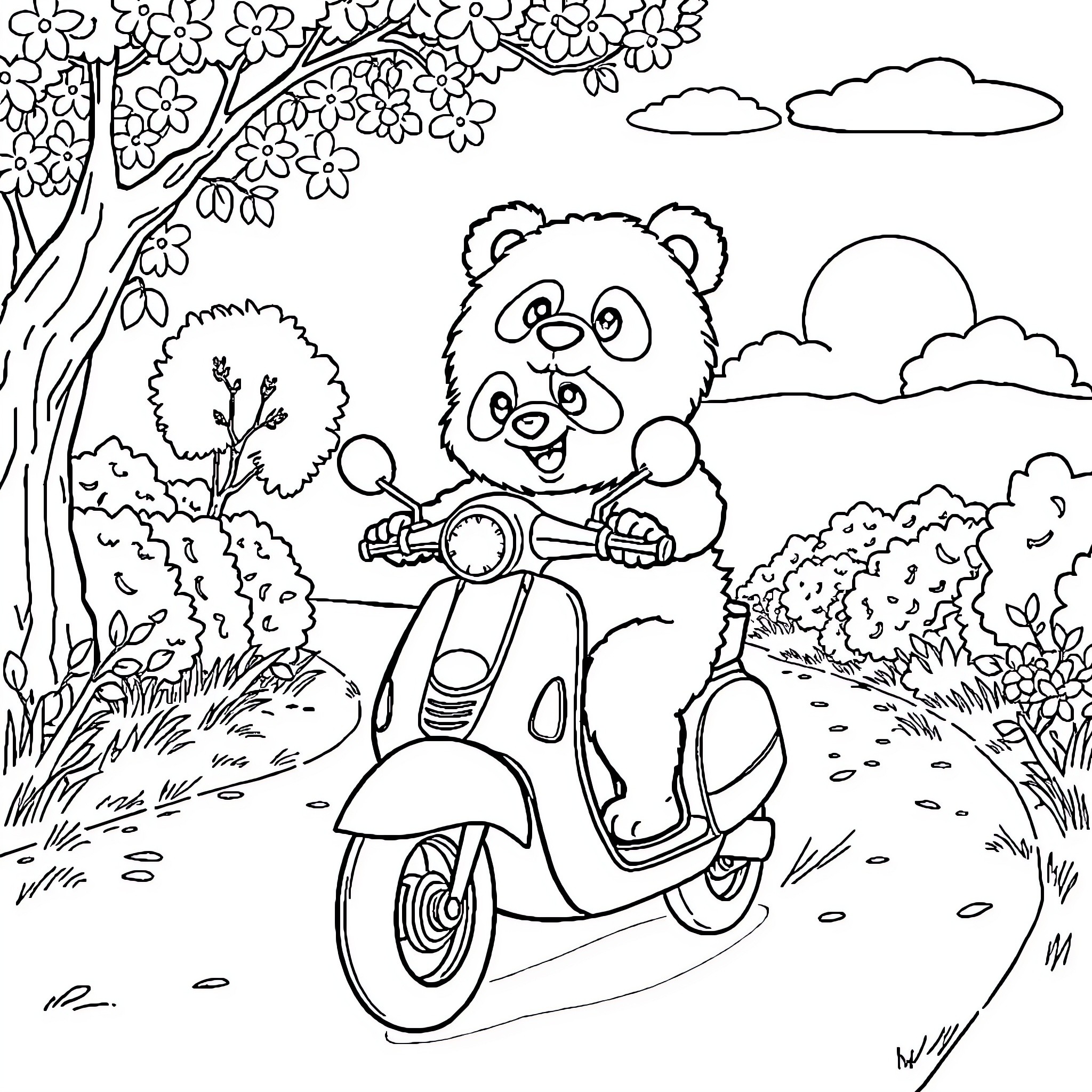 Panda riding a scooter in a spring landscape Coloring Page (free black-and-white line drawing printable PDF for all, from beginners to advanced learners, including children, teens, adults, and seniors)