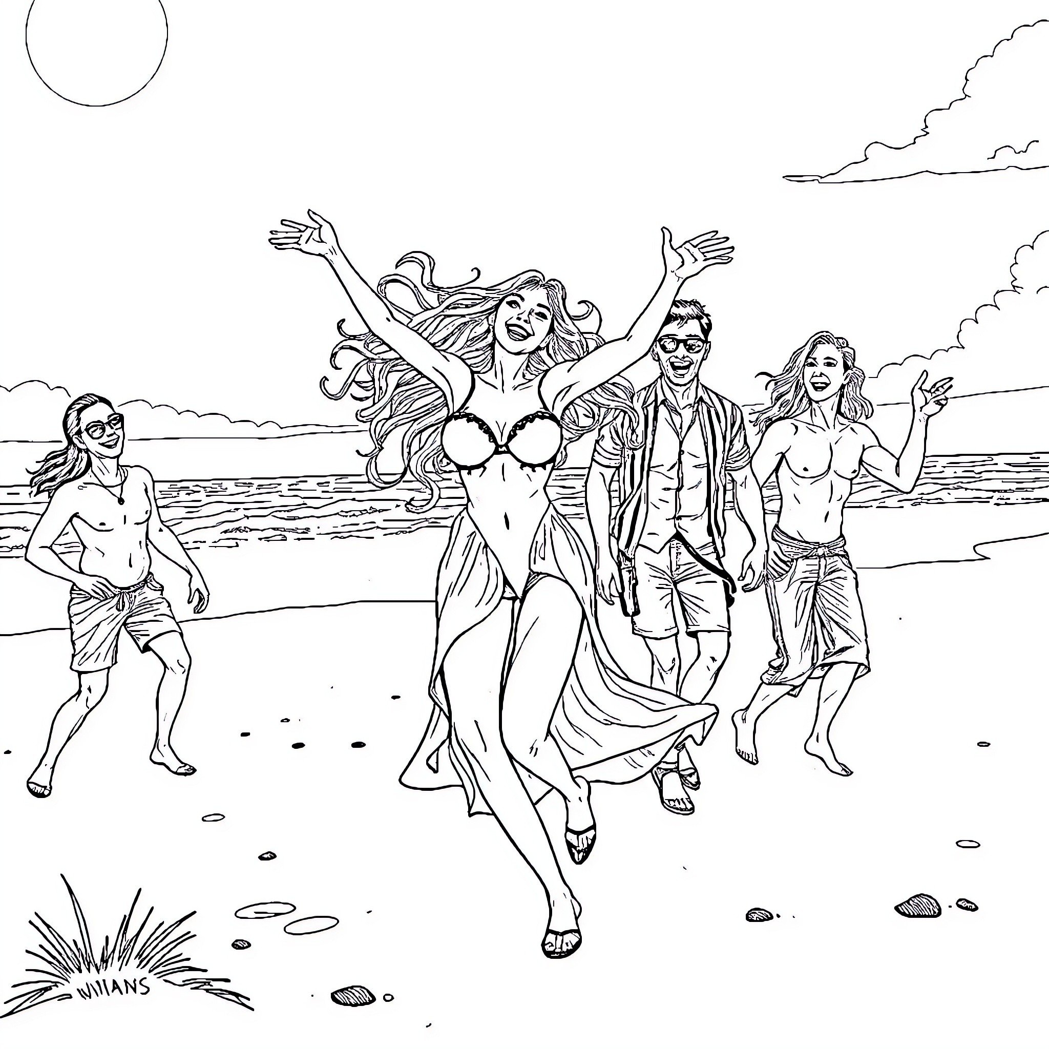 Woman enjoying a beach party with friends Coloring Page (free black-and-white line drawing printable PDF for all, from beginners to advanced learners, including children, teens, adults, and seniors)