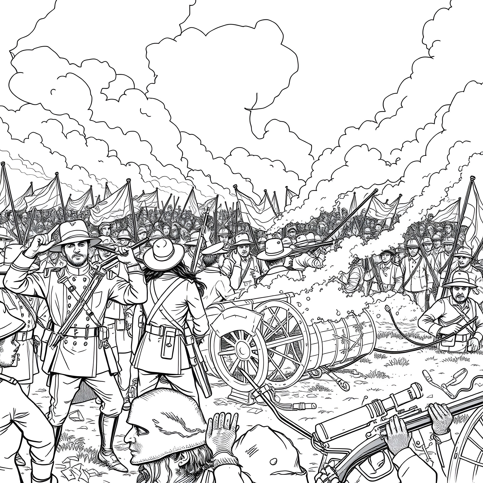 Civil War Soldiers in Intense Battle Scene Coloring Page (free black-and-white line drawing printable PDF for all, from beginners to advanced learners, including children, teens, adults, and seniors)