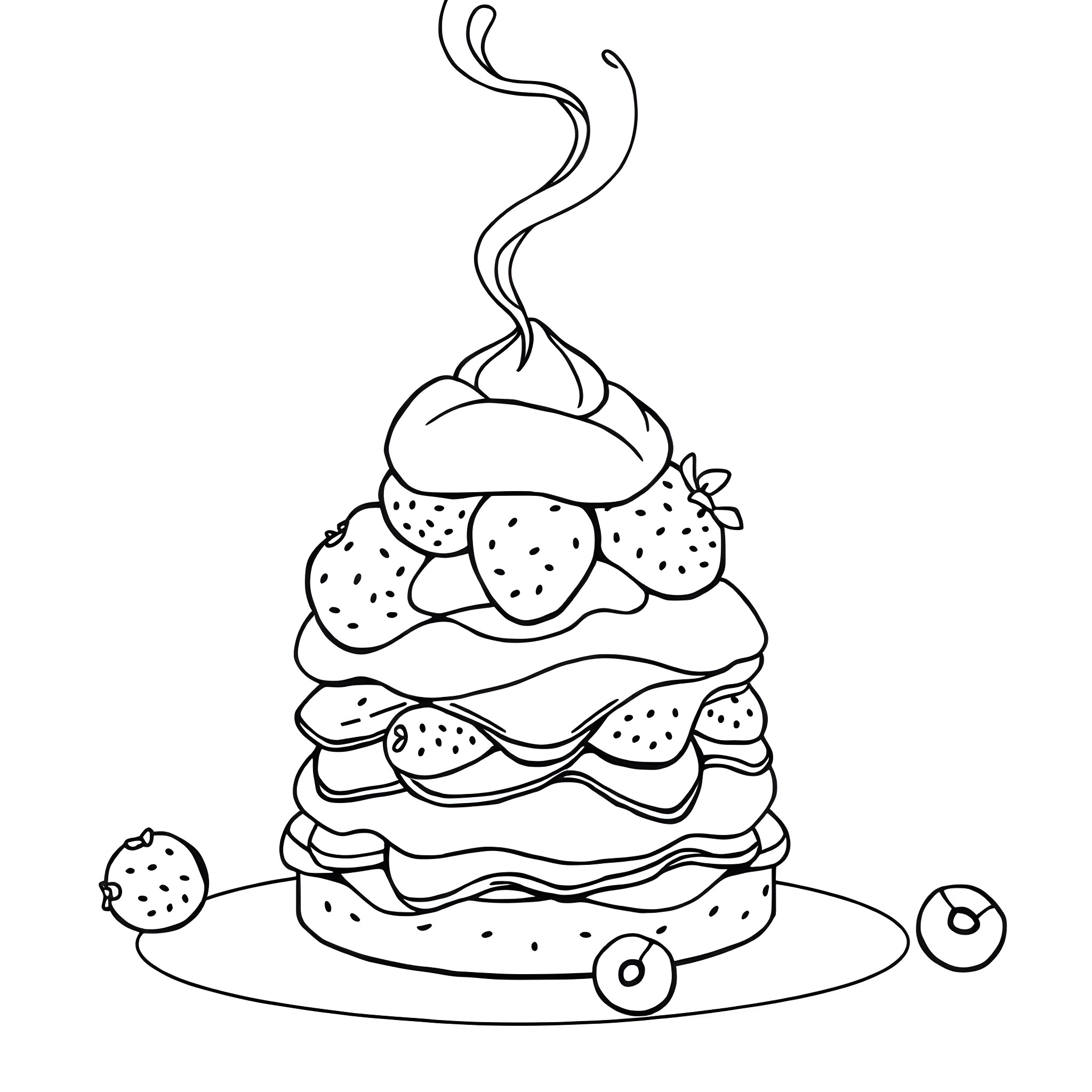Strawberry Shortcake with Whipped Cream and Berries Coloring Page (free black-and-white line drawing printable PDF for all, from beginners to advanced learners, including children, teens, adults, and seniors)