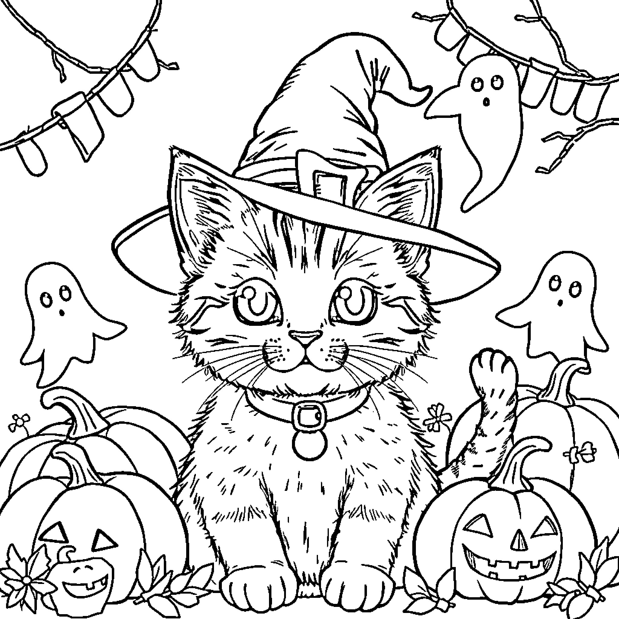 Cat in Halloween Costume with Spooky Decorations Coloring Page (free black-and-white line drawing printable PDF for all, from beginners to advanced learners, including children, teens, adults, and seniors)